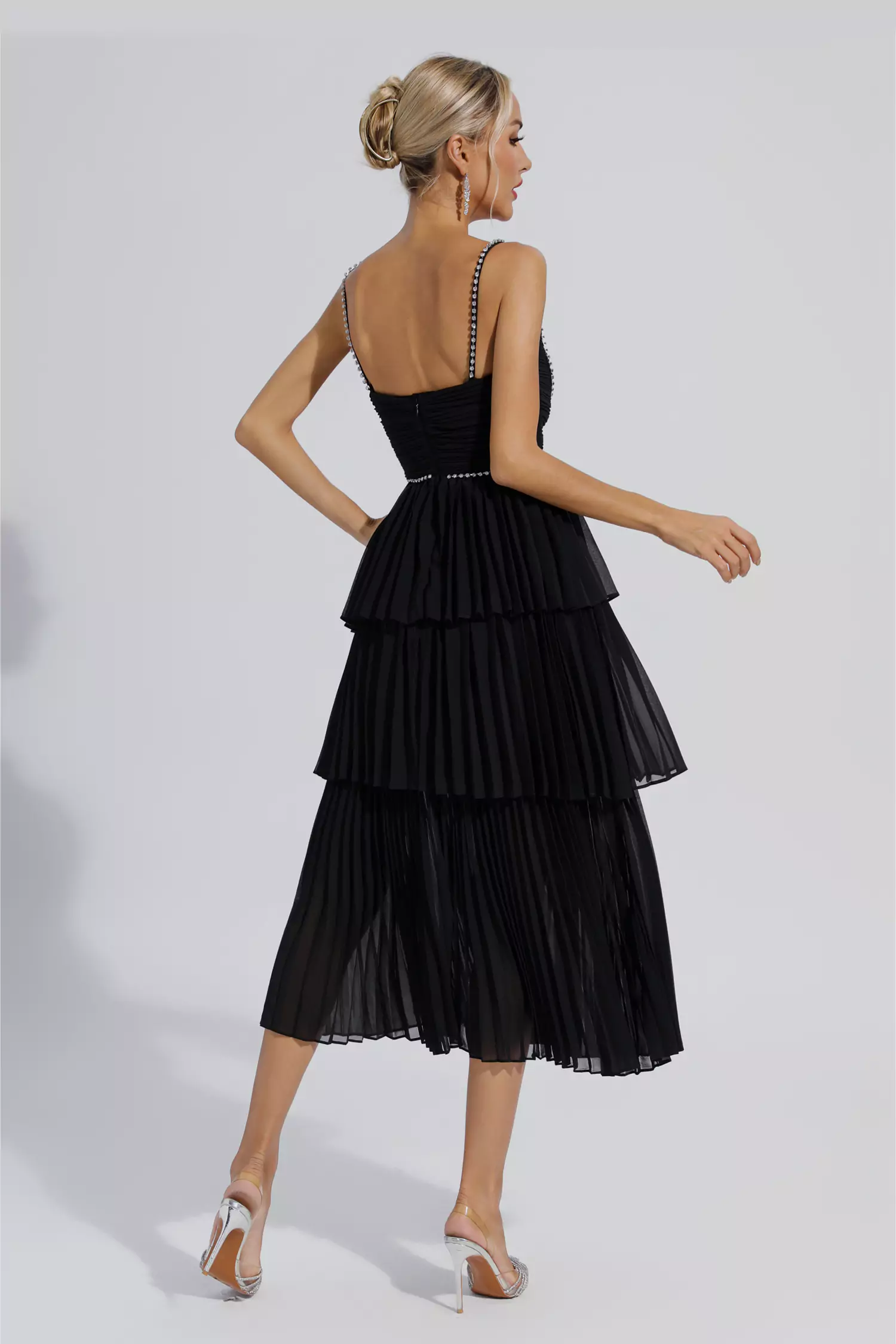 Meredith Black Diamond Ruched Midi Dress-CATCHALL