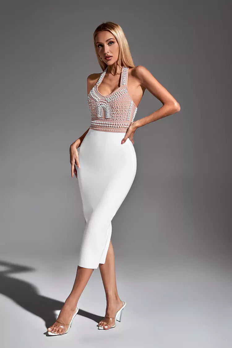 Mia White Pearl Halter Bandage Dress-CATCHALL