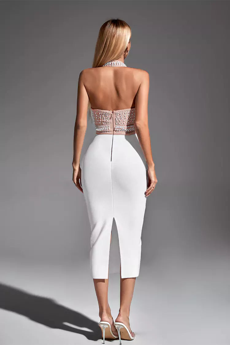 Mia White Pearl Halter Bandage Dress-CATCHALL