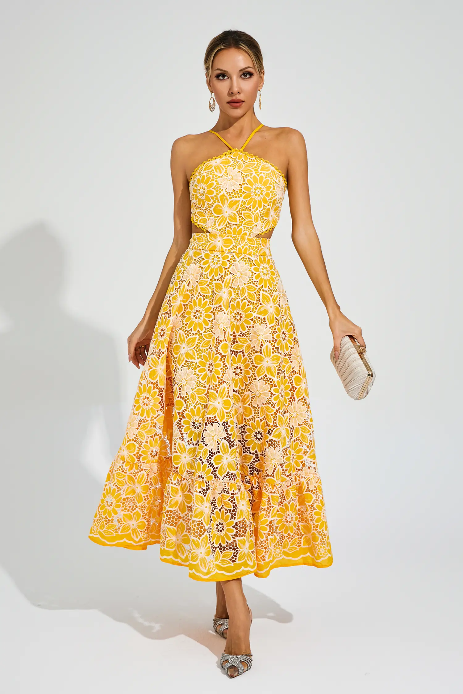 Michaelia Yellow Cut Out Halter Dress