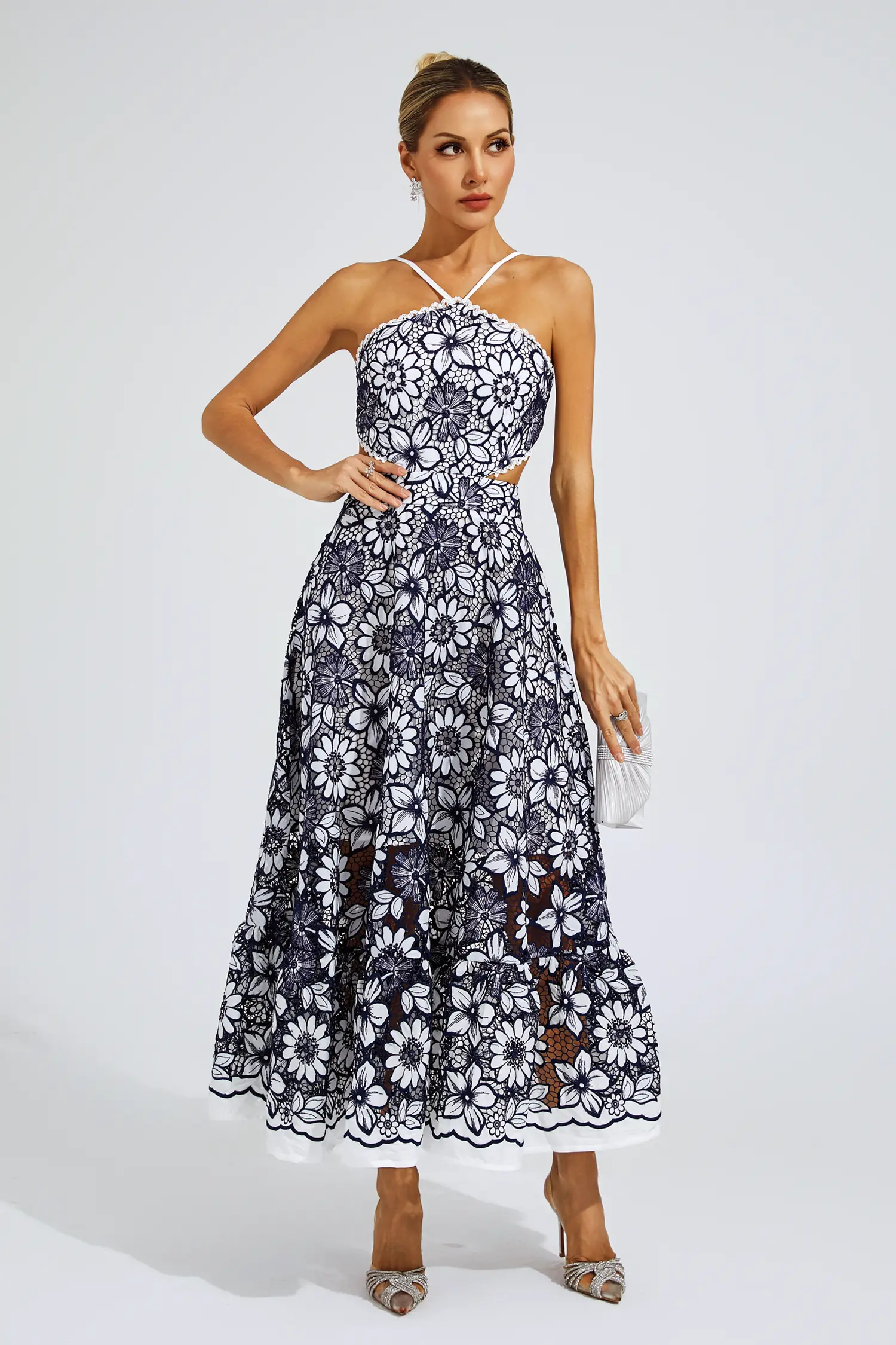 Michaelia Blue Cut Out Halter Dress-CATCHALL