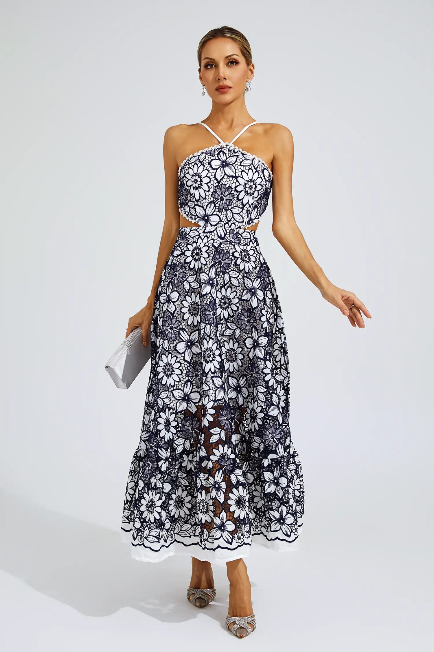 Michaelia Blue Cut Out Halter Dress-CATCHALL