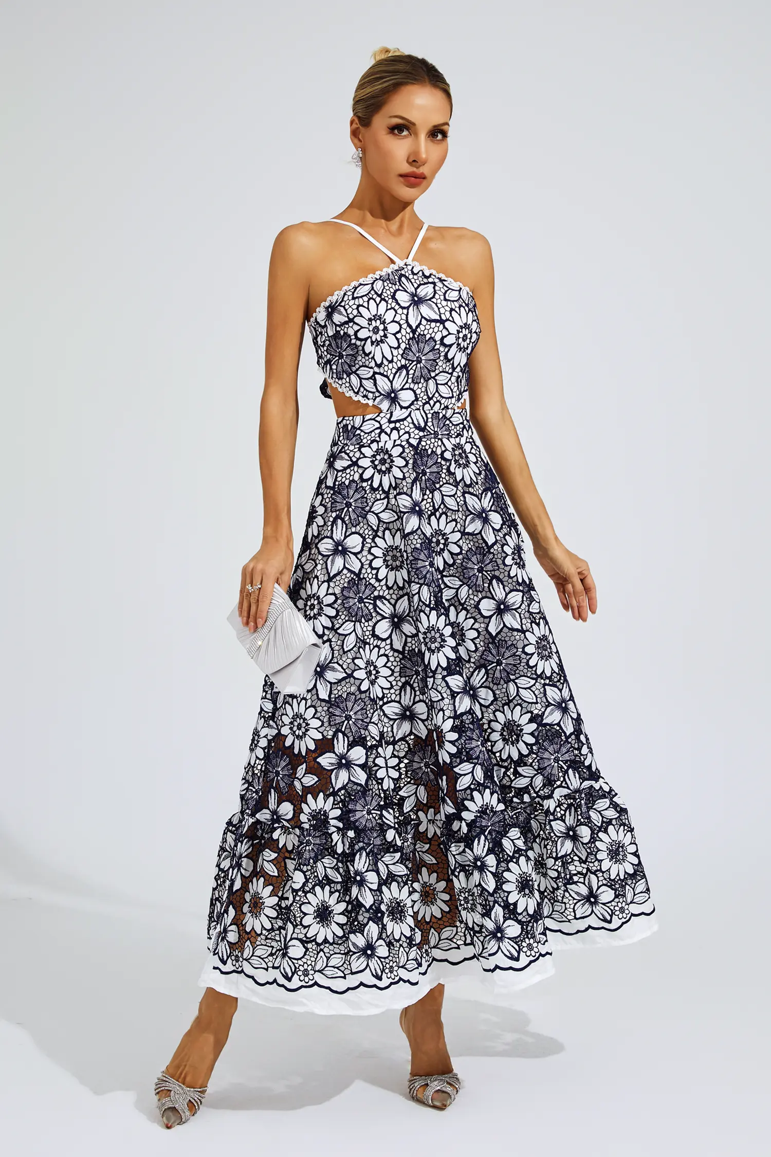Michaelia Blue Cut Out Halter Dress-CATCHALL