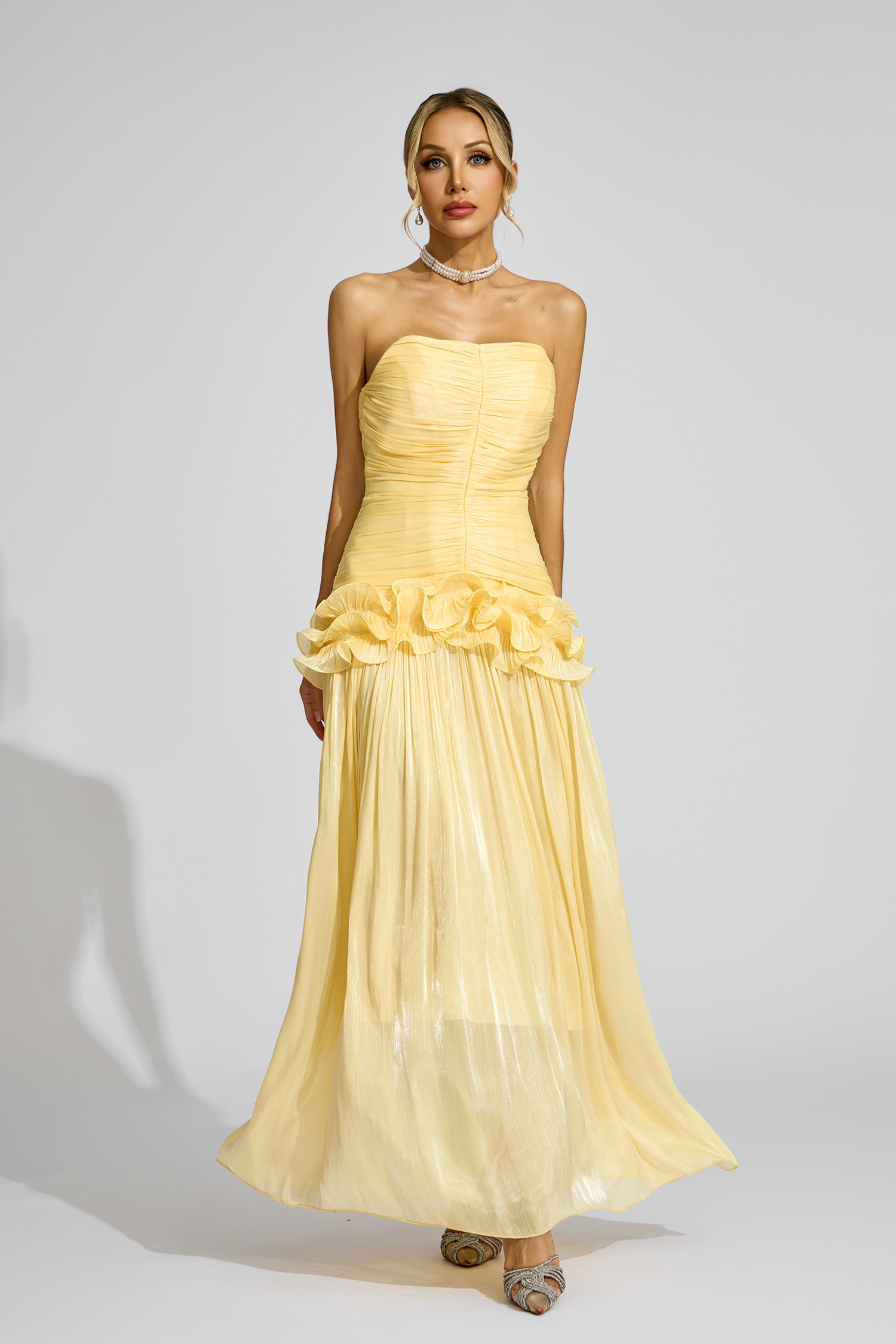 Michelson Yellow Off Shoulder Ruffled Dress