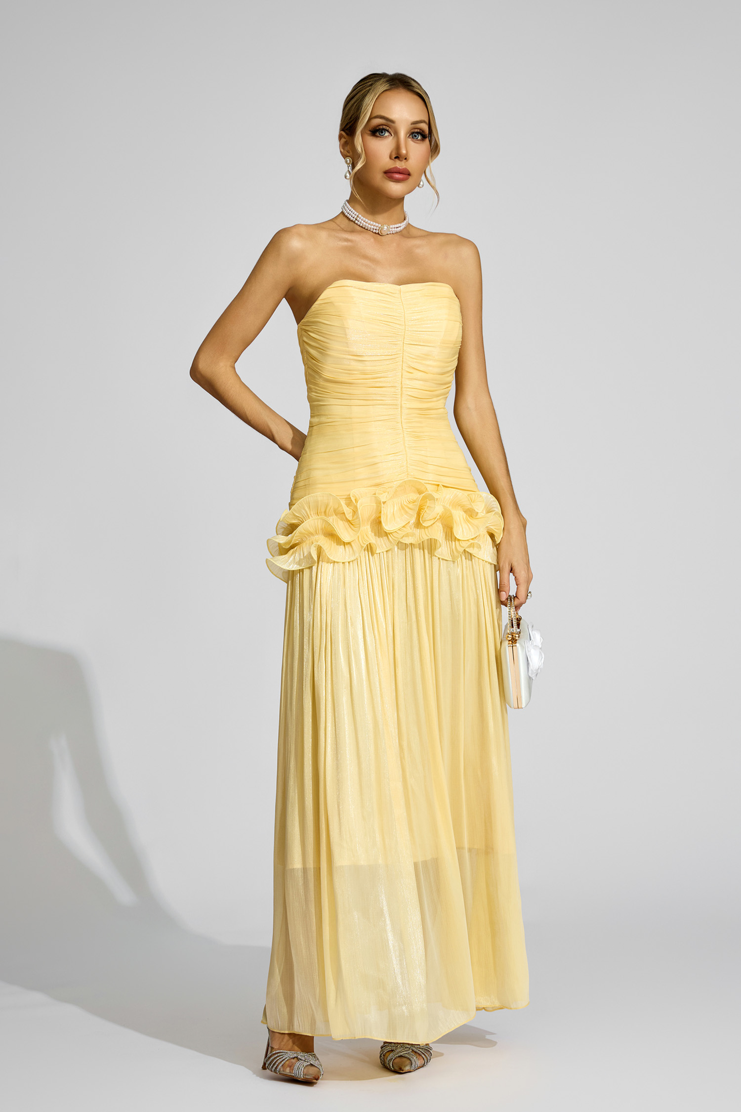 Michelson Yellow Off Shoulder Ruffled Dress