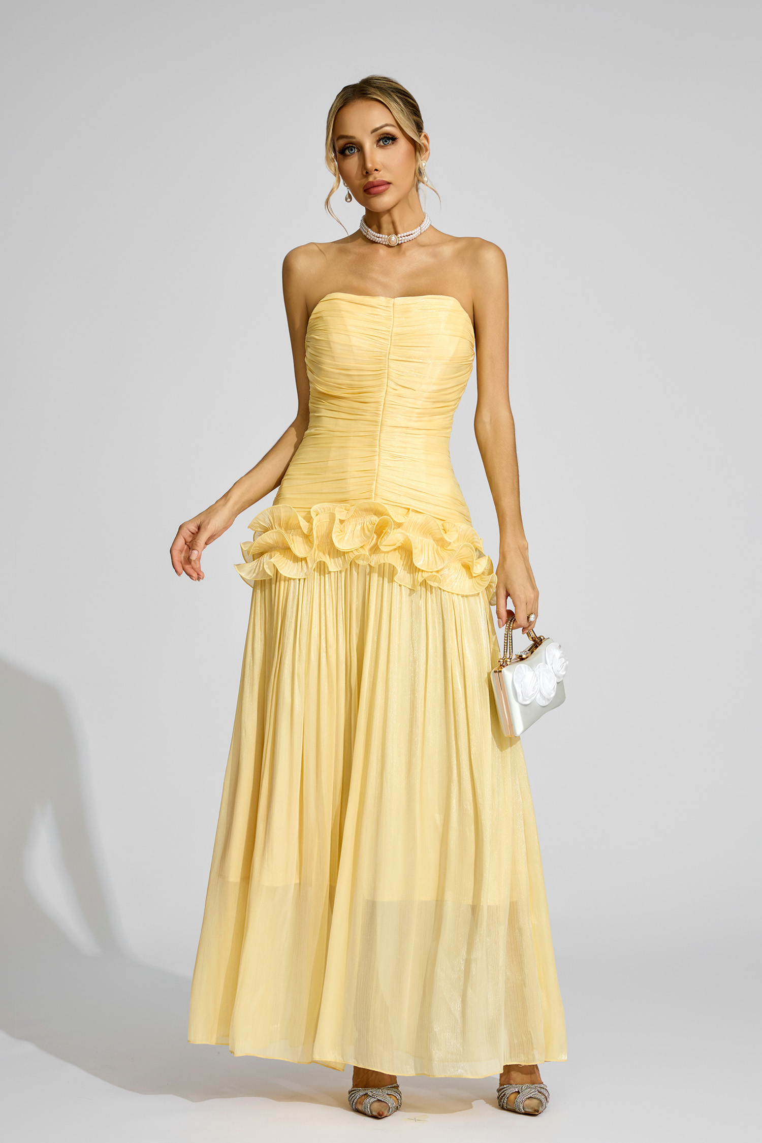 Michelson Yellow Off Shoulder Ruffled Dress