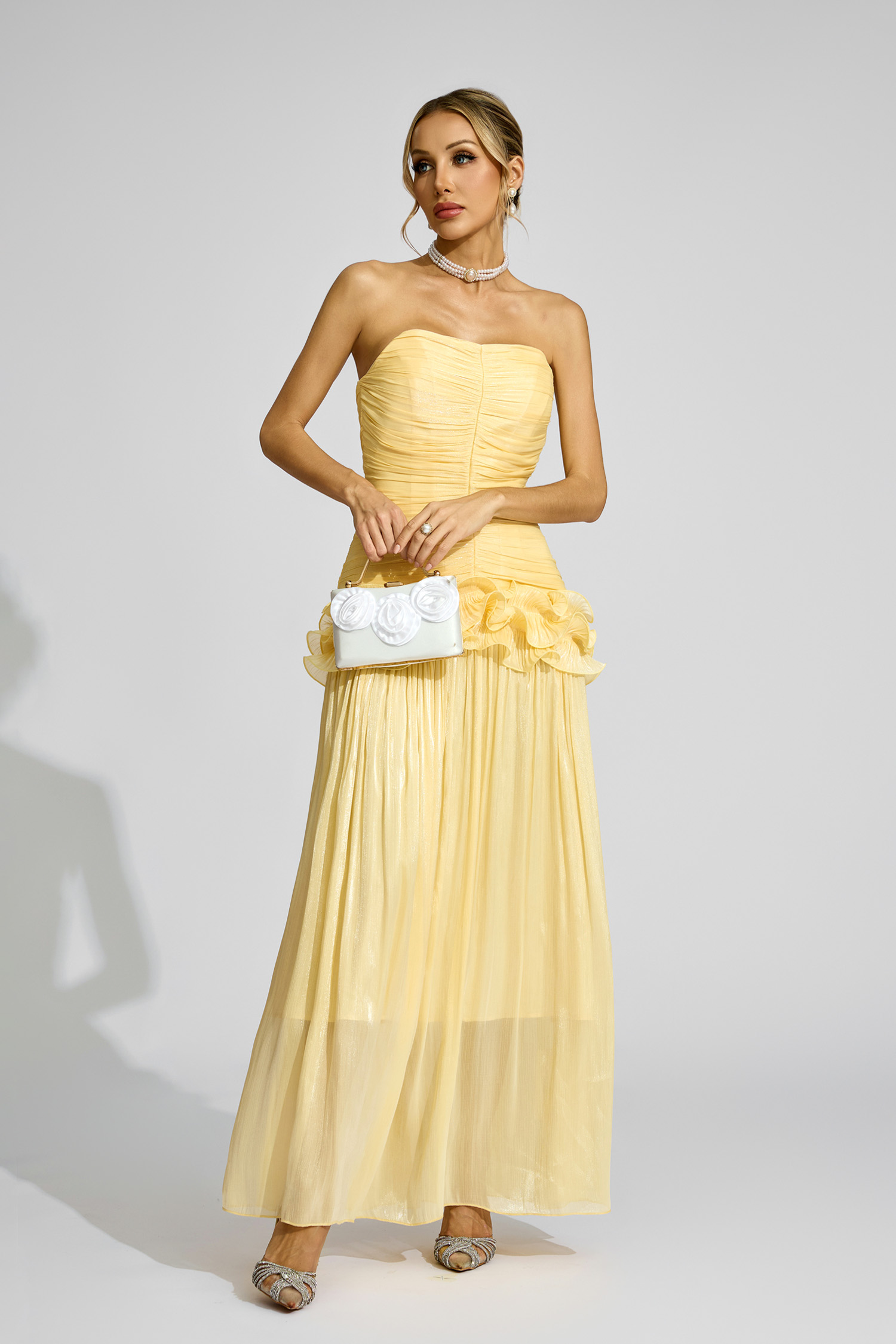 Michelson Yellow Off Shoulder Ruffled Dress