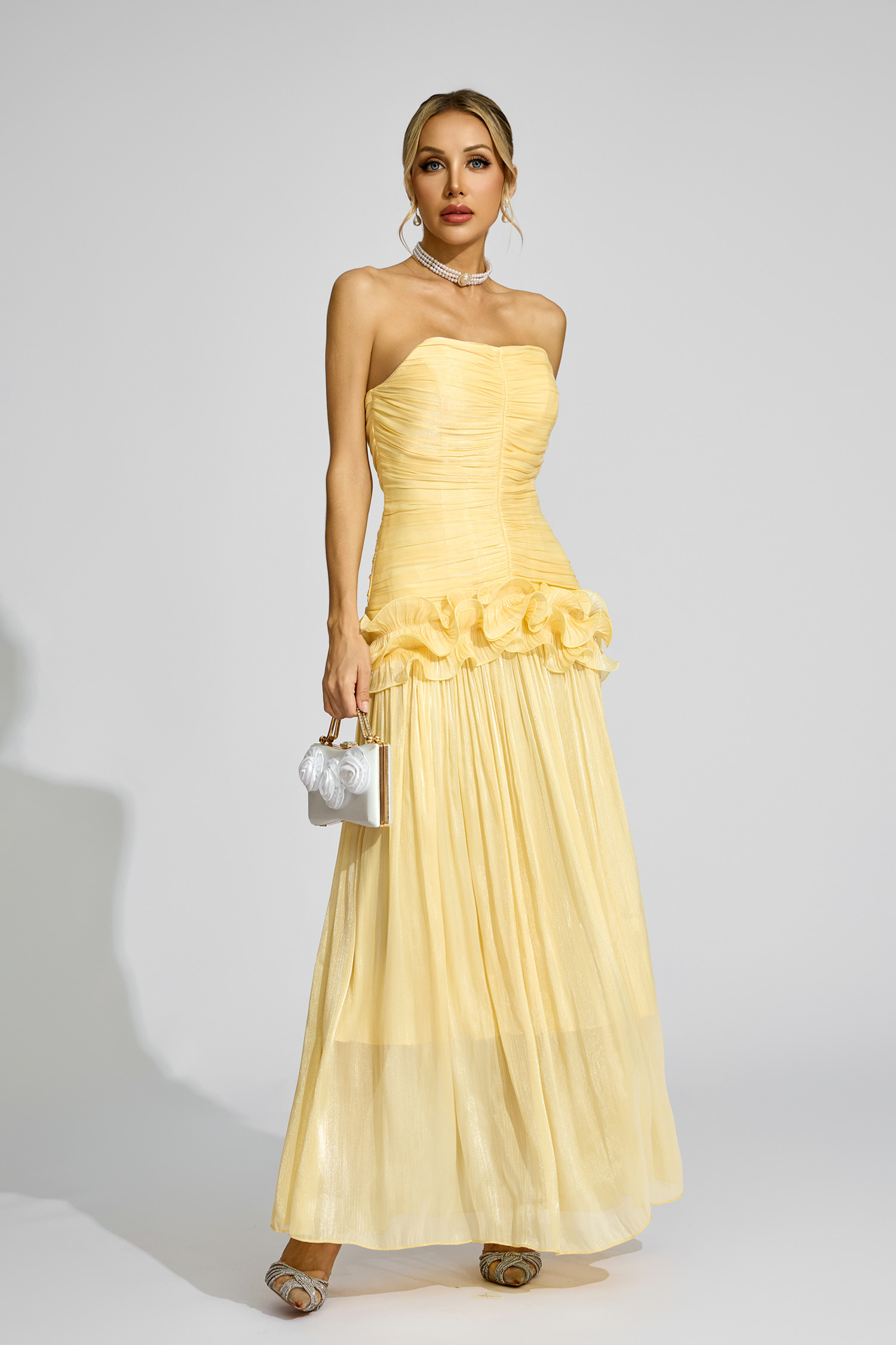 Michelson Yellow Off Shoulder Ruffled Dress