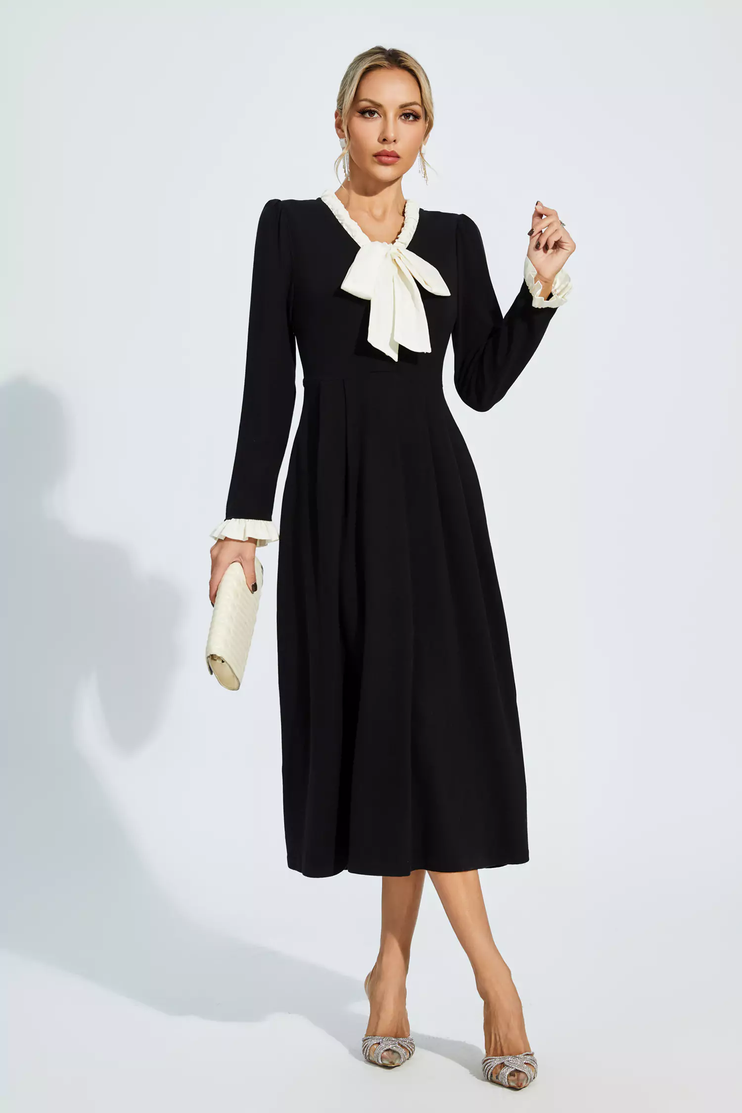 Mikaela Black Bow-knot Long Sleeve Dress-CATCHALL