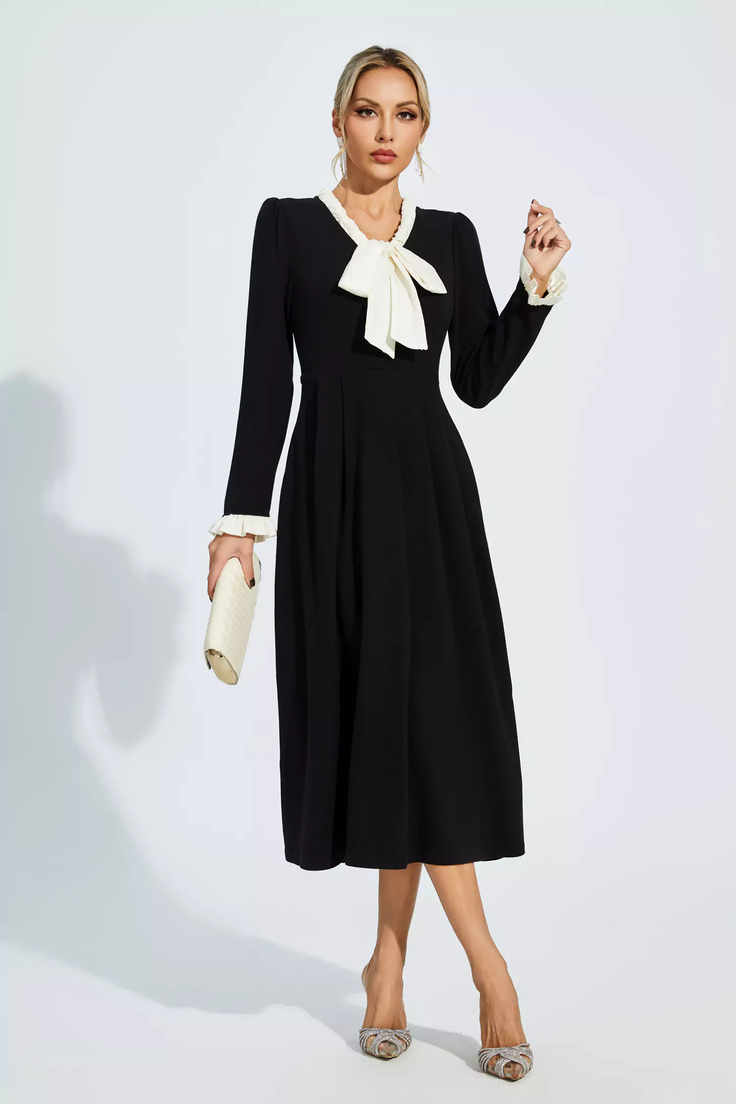 Mikaela Black Bow-knot Long Sleeve Dress