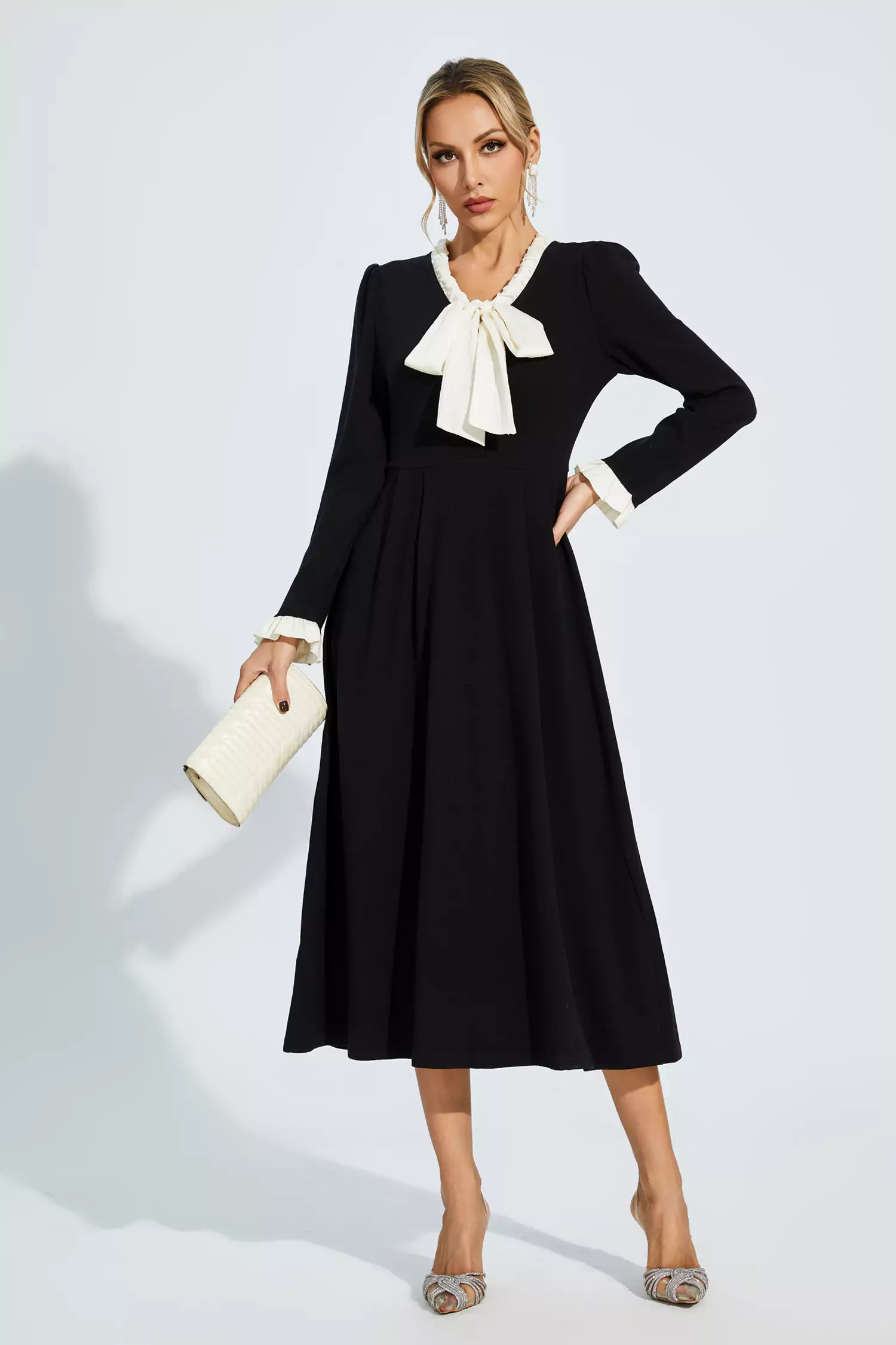 Mikaela Black Bow-knot Long Sleeve Dress-CATCHALL