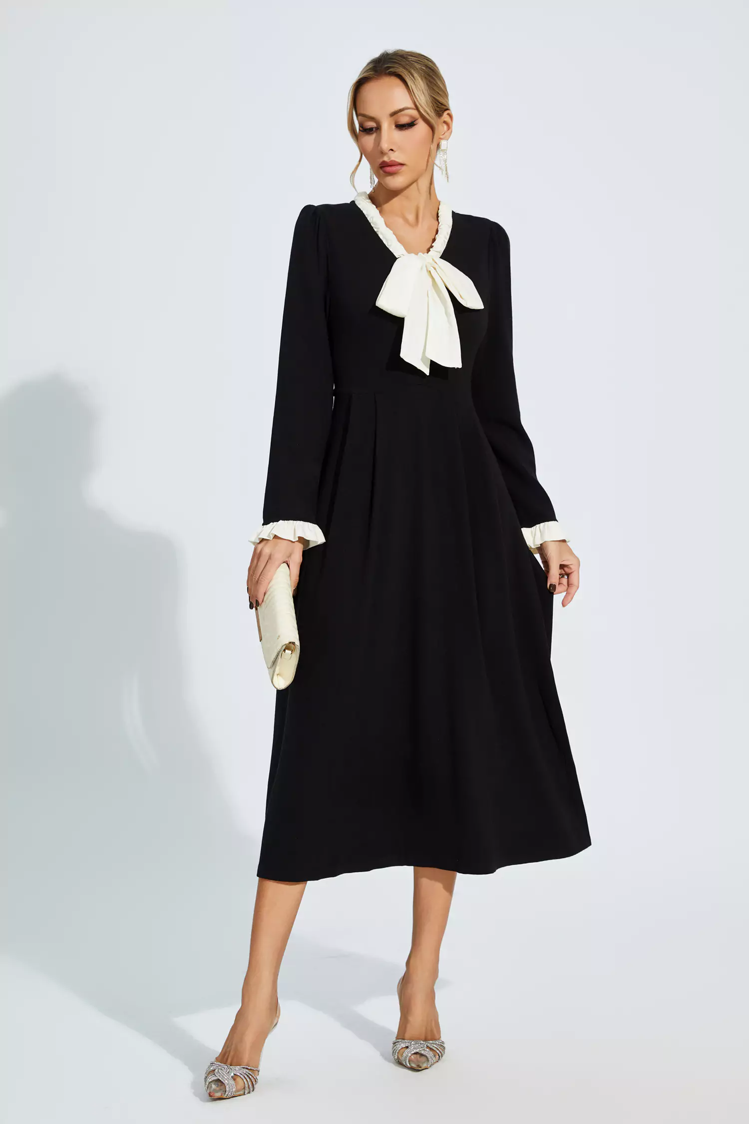 Mikaela Black Bow-knot Long Sleeve Dress-CATCHALL