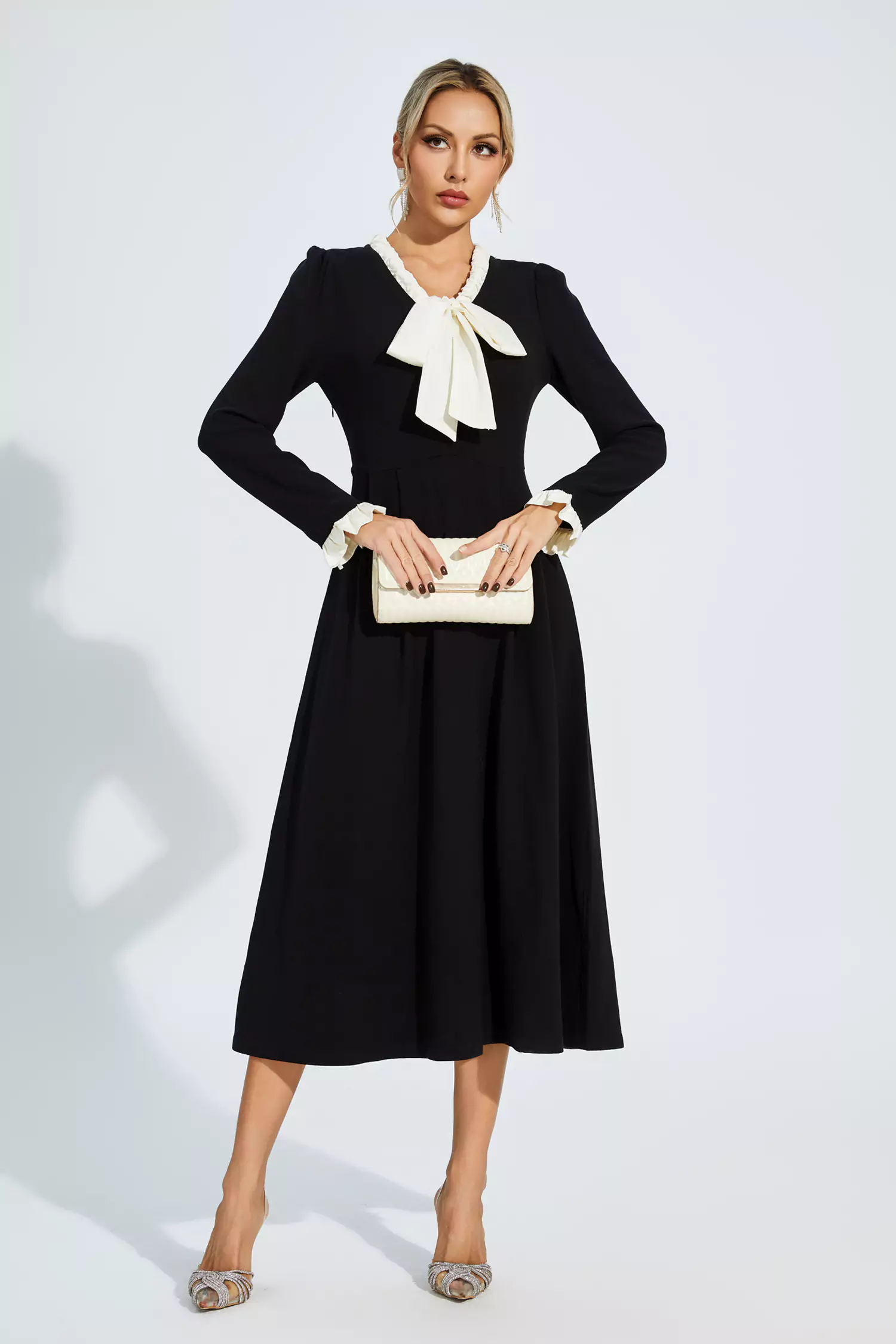 Mikaela Black Bow-knot Long Sleeve Dress-CATCHALL