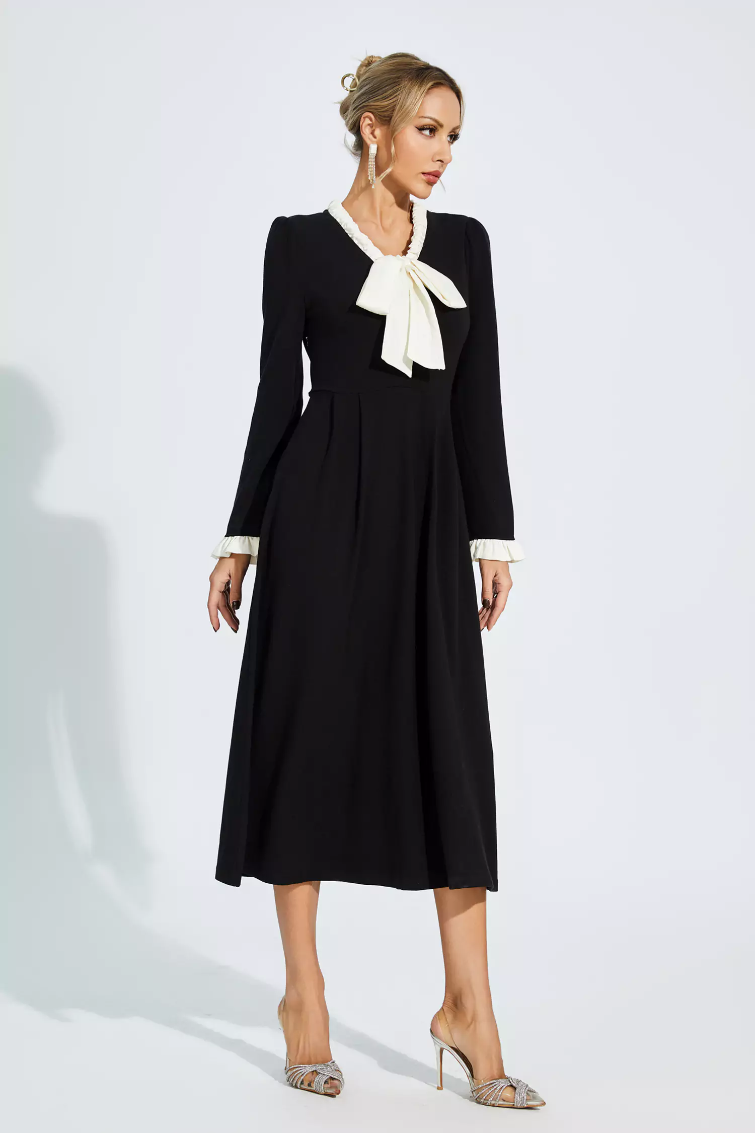 Mikaela Black Bow-knot Long Sleeve Dress-CATCHALL
