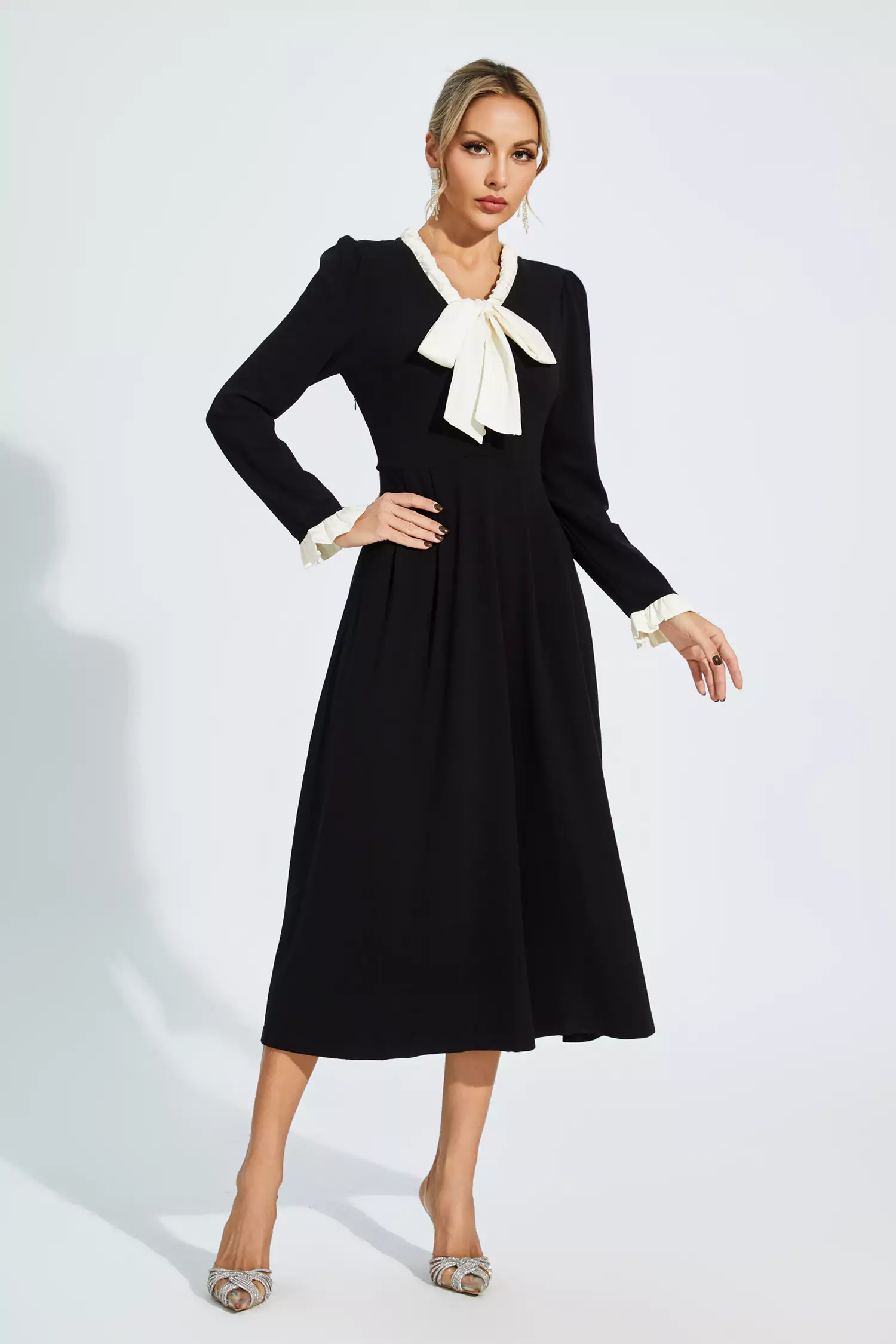 Mikaela Black Bow-knot Long Sleeve Dress-CATCHALL