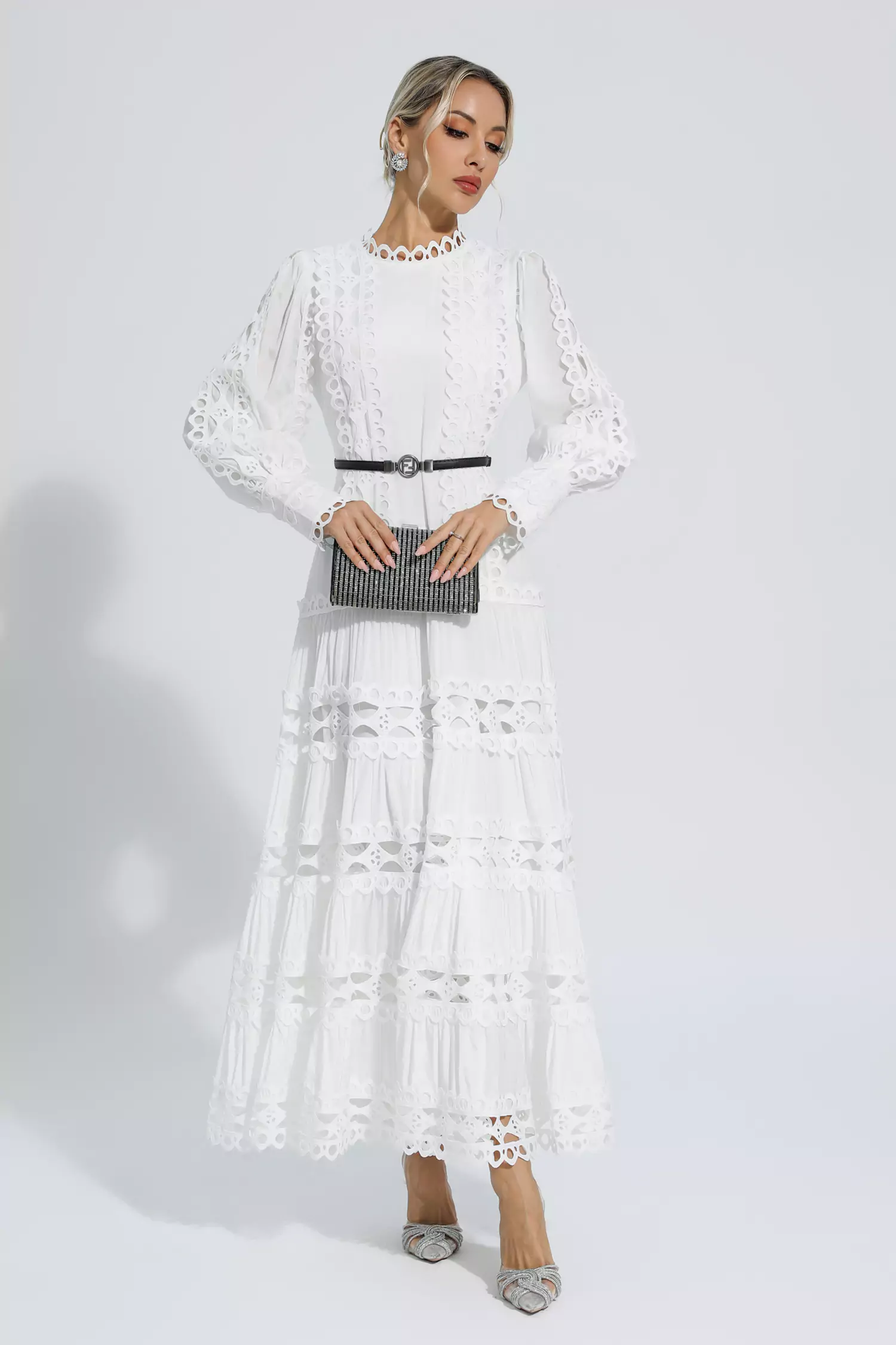 Mikayla White Hollow Ruffle Maxi Dress-CATCHALL