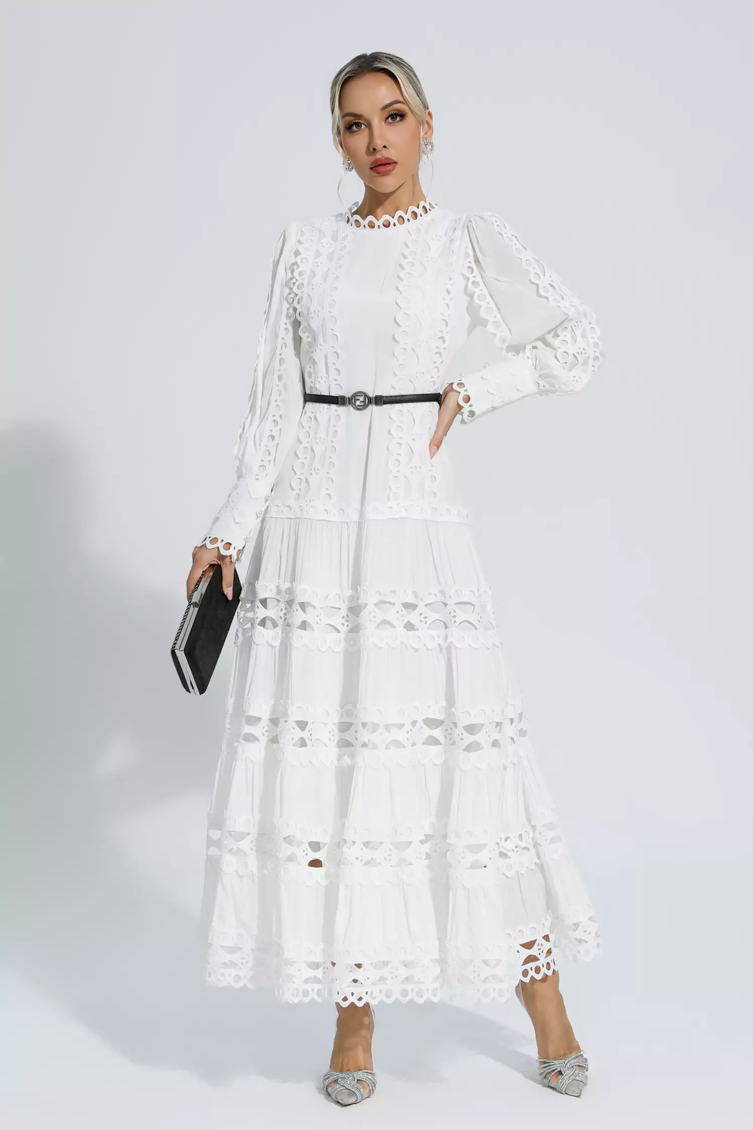 Mikayla White Hollow Ruffle Maxi Dress-CATCHALL