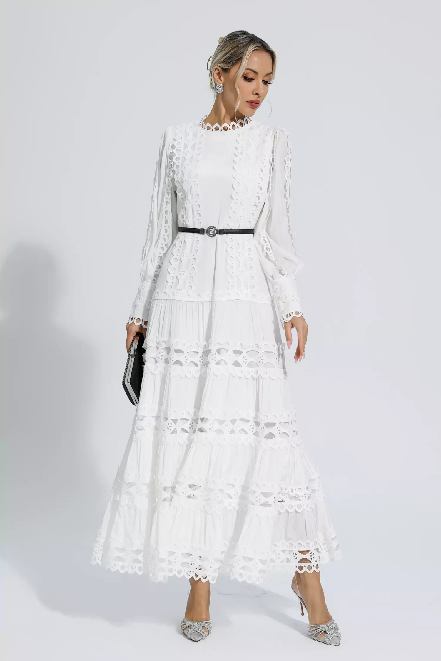 Mikayla White Hollow Ruffle Maxi Dress-CATCHALL