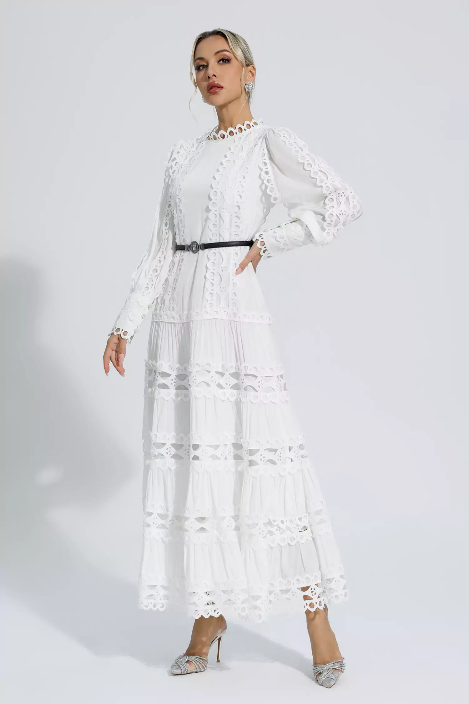 Mikayla White Hollow Ruffle Maxi Dress-CATCHALL