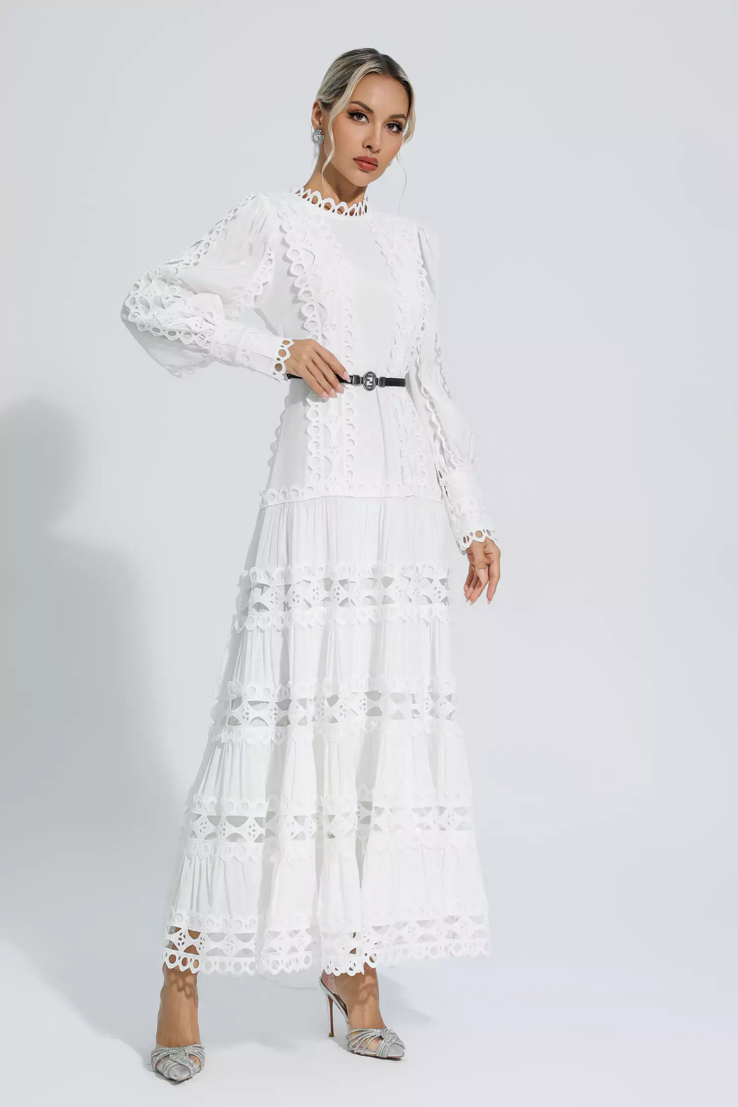 Mikayla White Hollow Ruffle Maxi Dress-CATCHALL