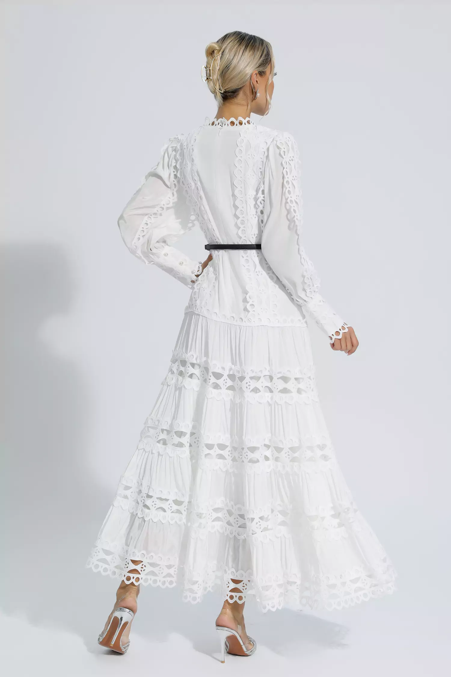 Mikayla White Hollow Ruffle Maxi Dress-CATCHALL