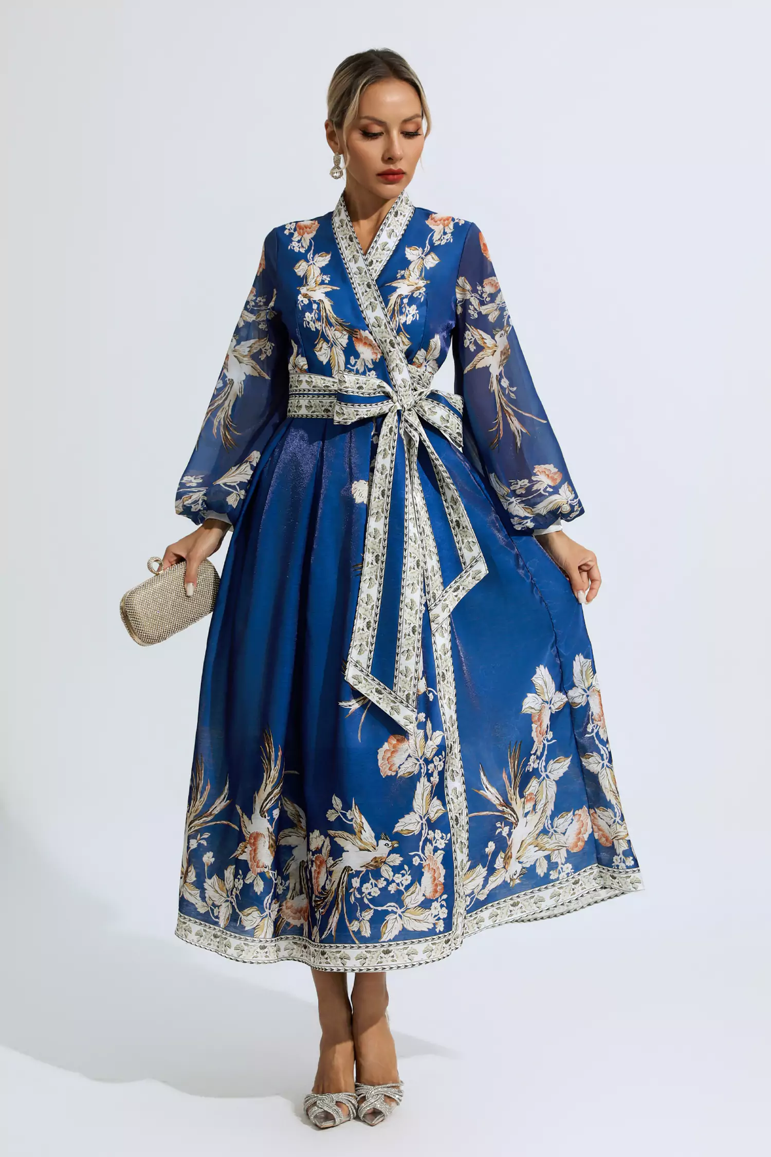 Miley Blue Floral Belted Long Sleeve Dress-CATCHALL