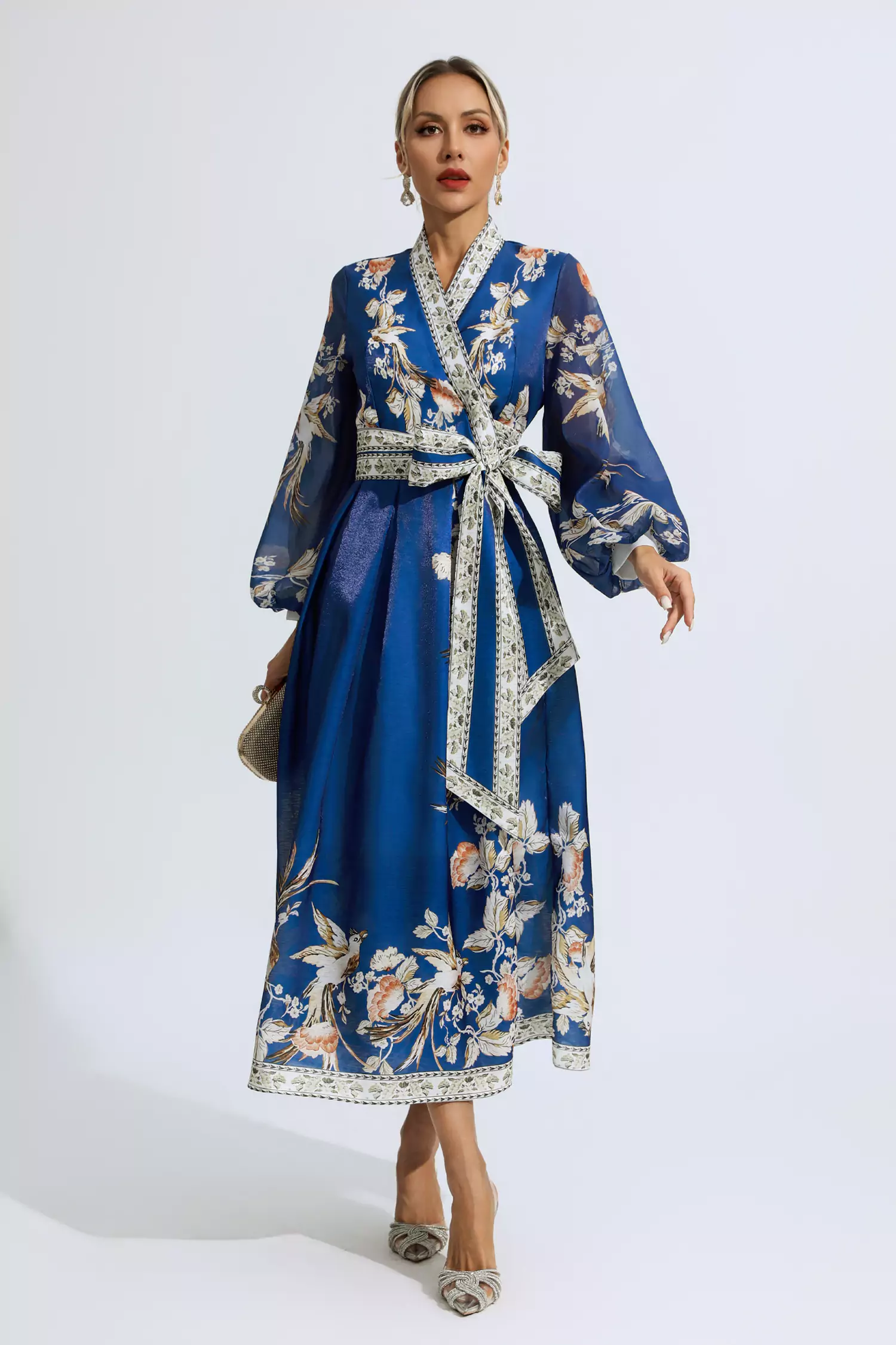 Miley Blue Floral Belted Long Sleeve Dress-CATCHALL