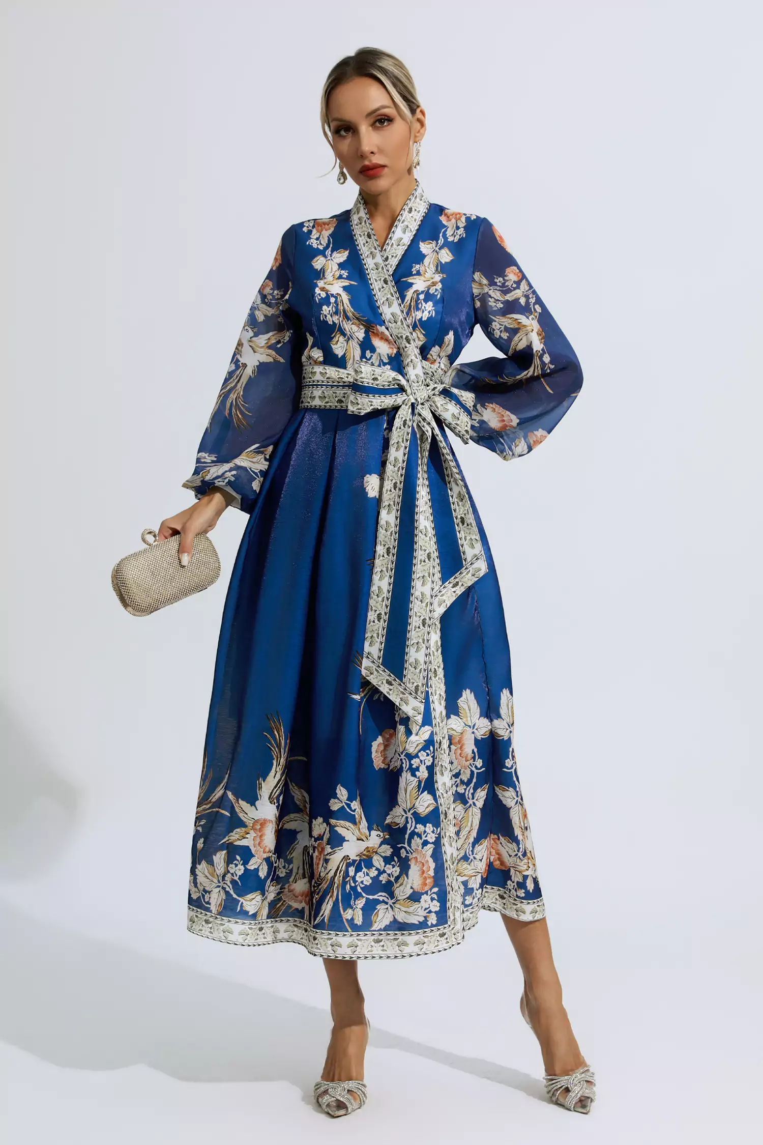 Miley Blue Floral Belted Long Sleeve Dress-CATCHALL