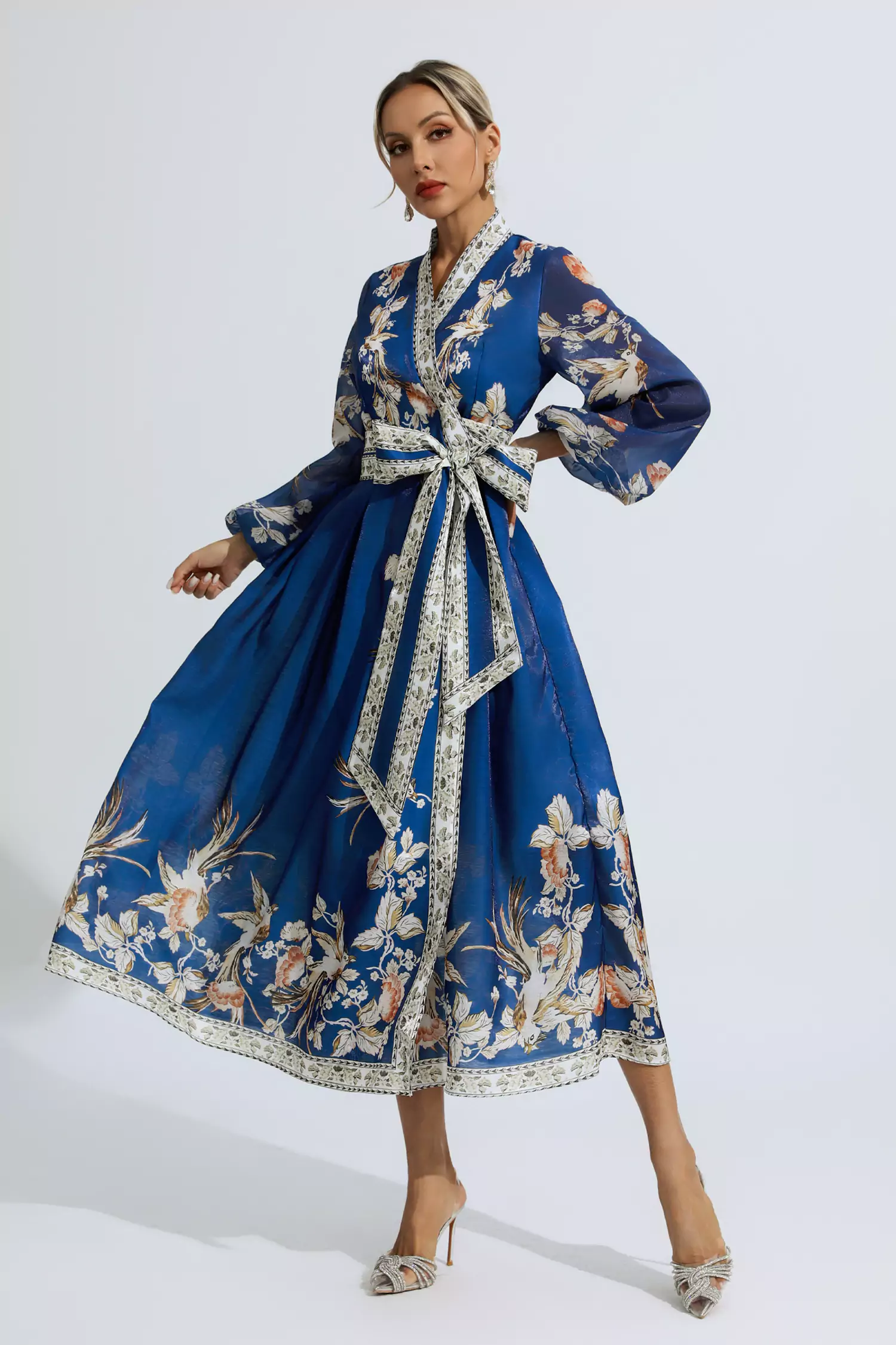 Miley Blue Floral Belted Long Sleeve Dress-CATCHALL