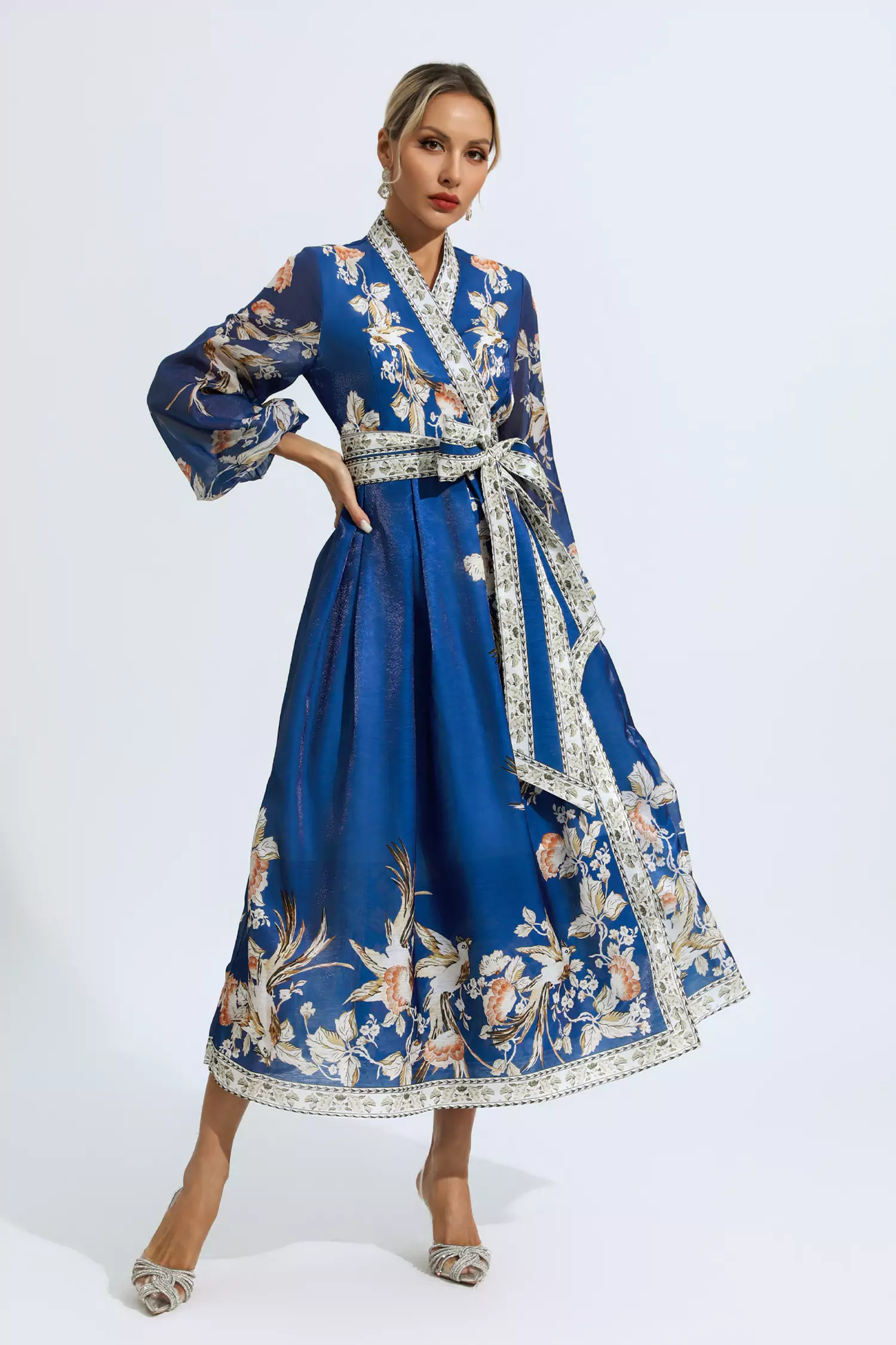 Miley Blue Floral Belted Long Sleeve Dress-CATCHALL