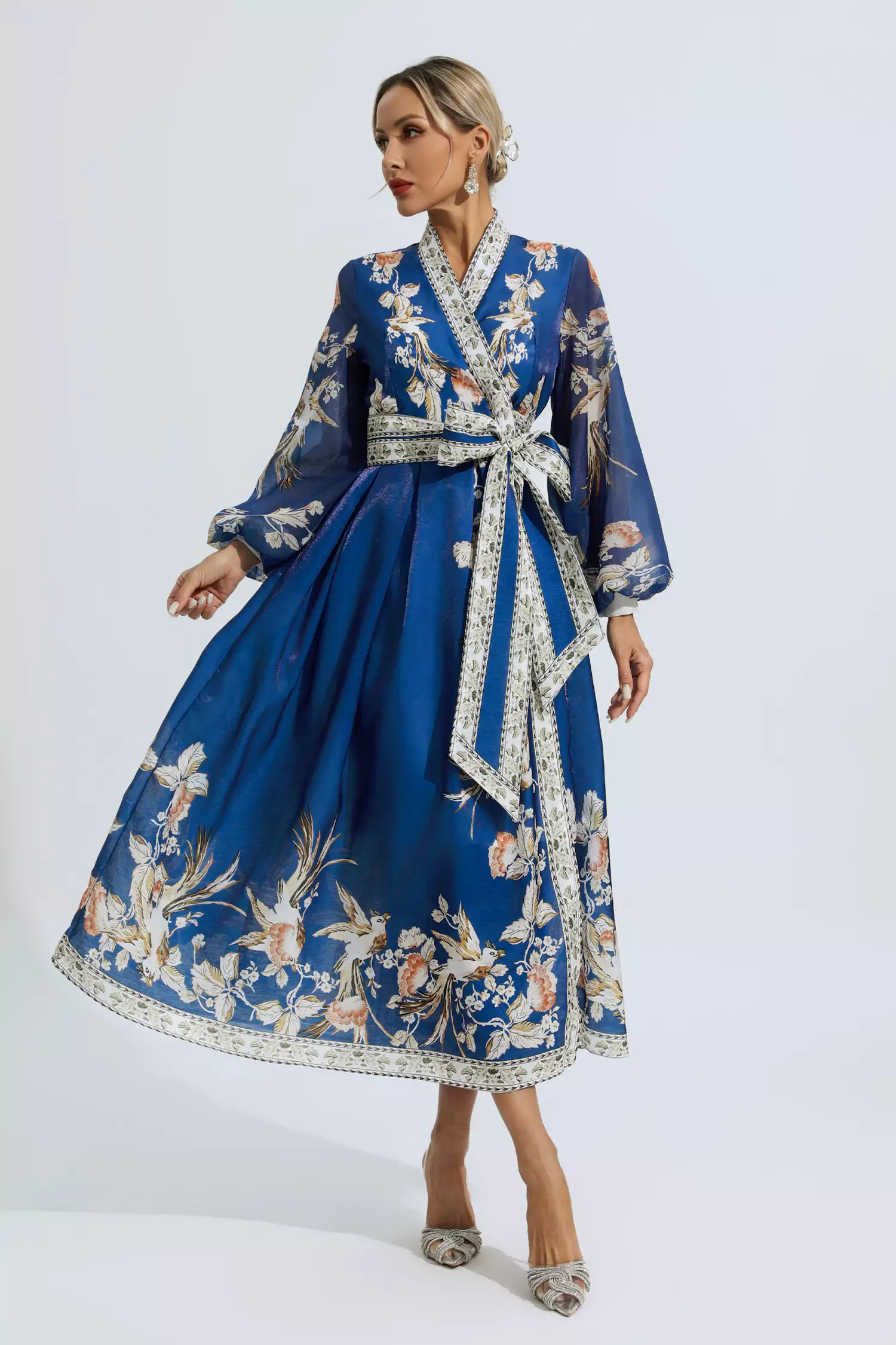 Miley Blue Floral Belted Long Sleeve Dress-CATCHALL