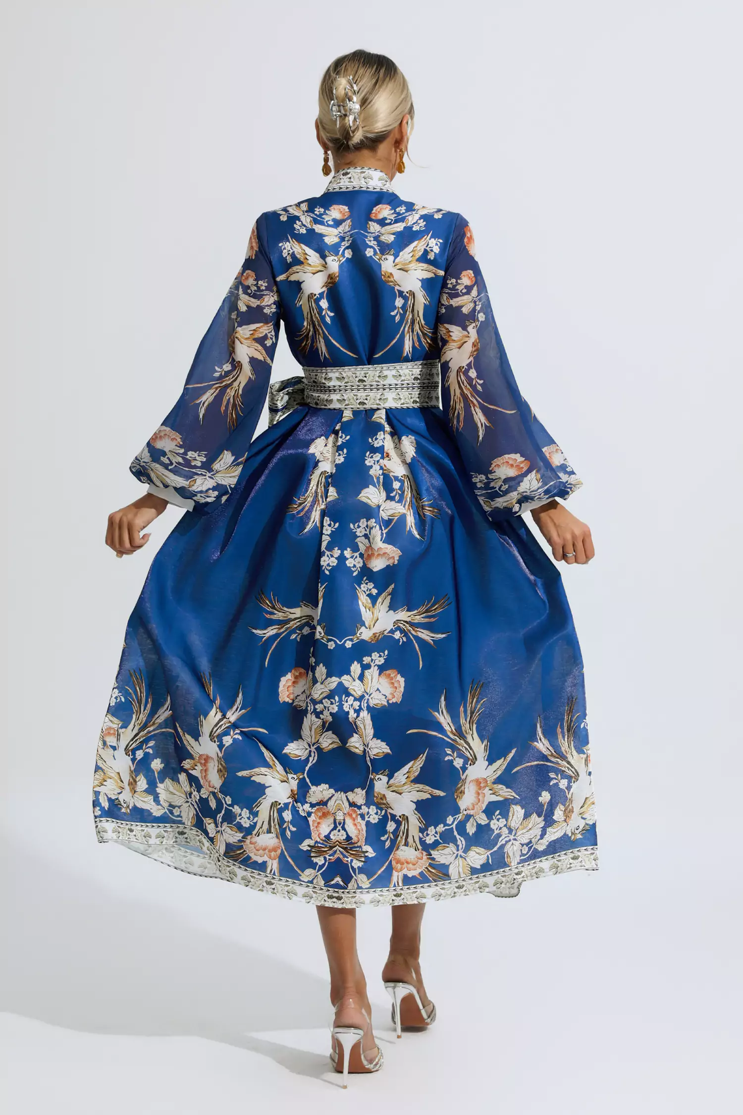 Miley Blue Floral Belted Long Sleeve Dress-CATCHALL