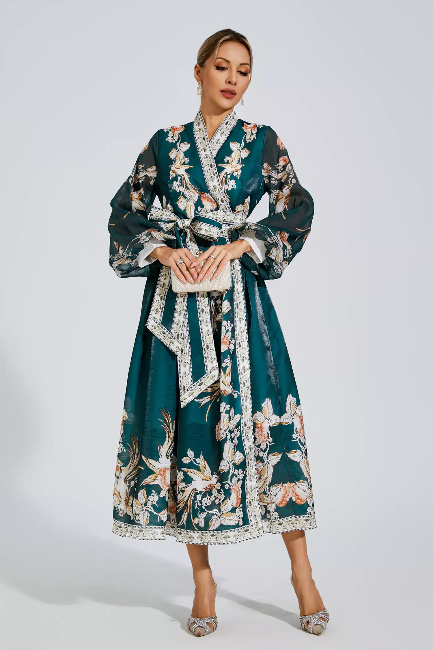 Miley Green Floral Belted Long Sleeve Dress-CATCHALL