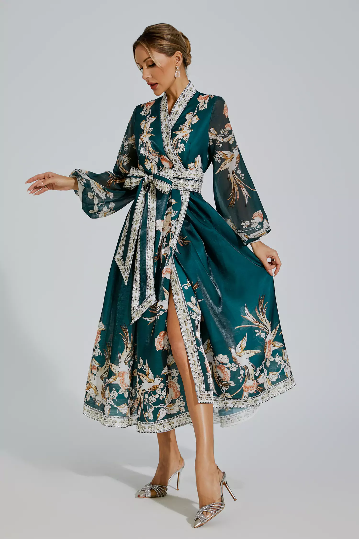 Miley Green Floral Belted Long Sleeve Dress-CATCHALL