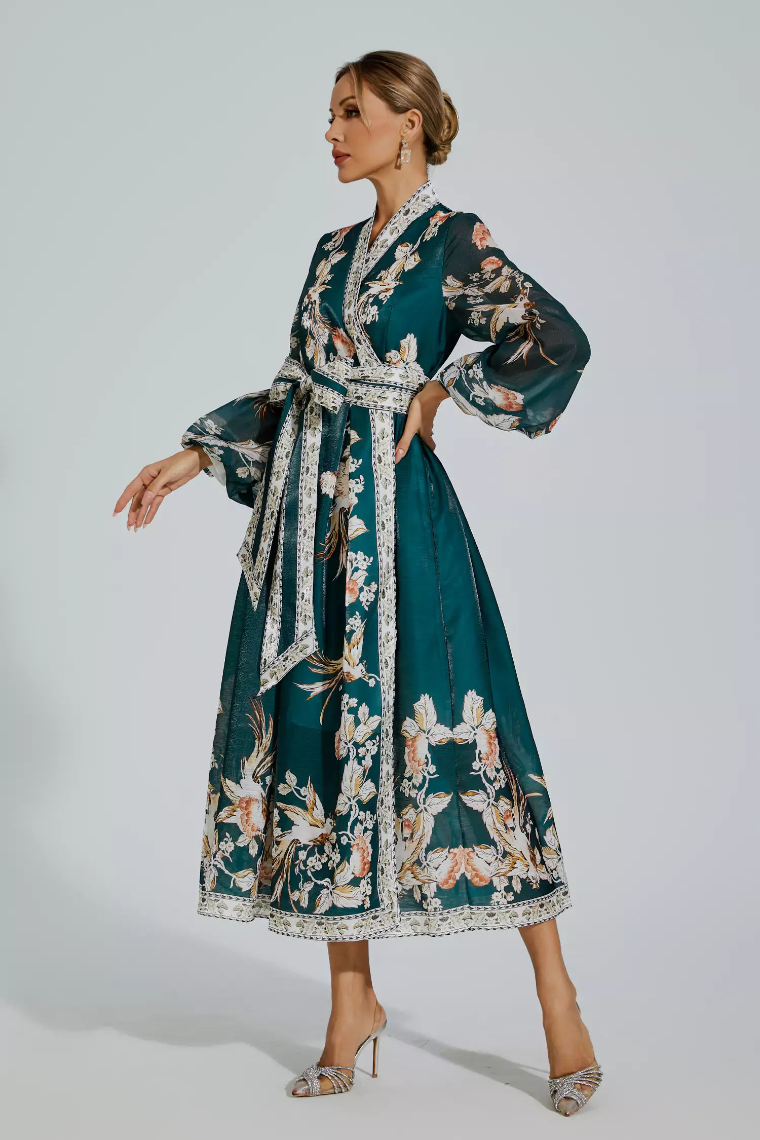 Miley Green Floral Belted Long Sleeve Dress-CATCHALL