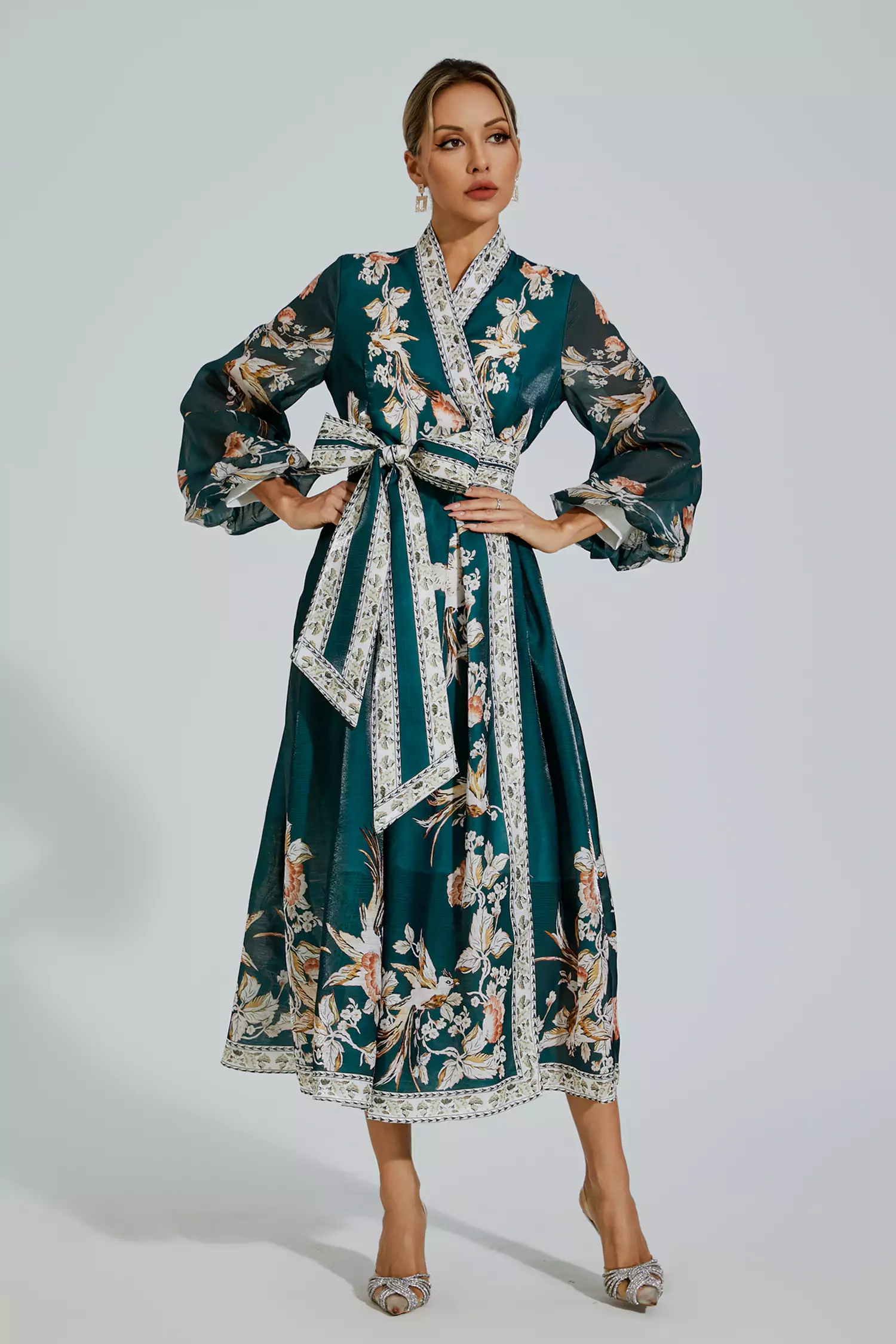 Miley Green Floral Belted Long Sleeve Dress-CATCHALL