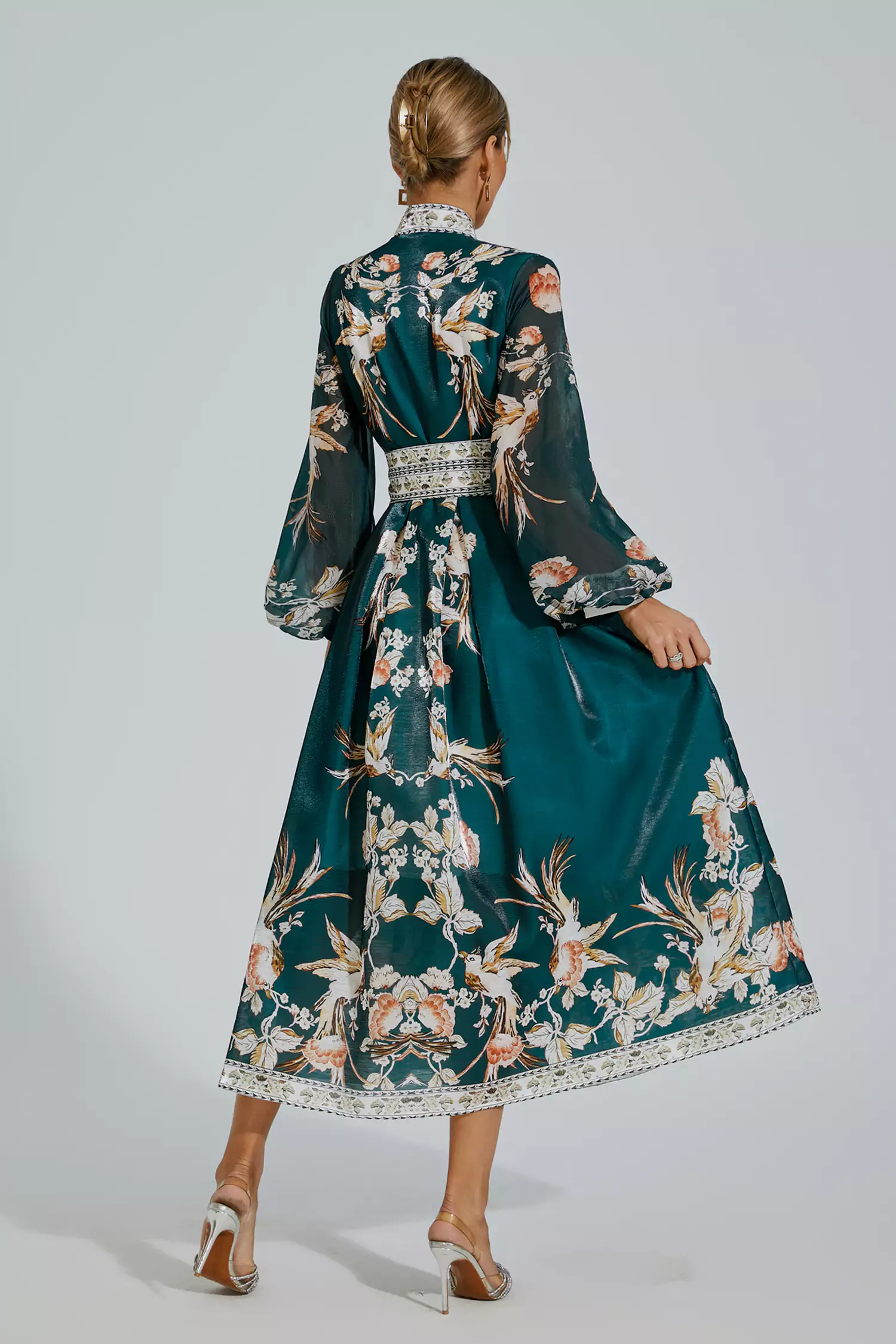 Miley Green Floral Belted Long Sleeve Dress-CATCHALL