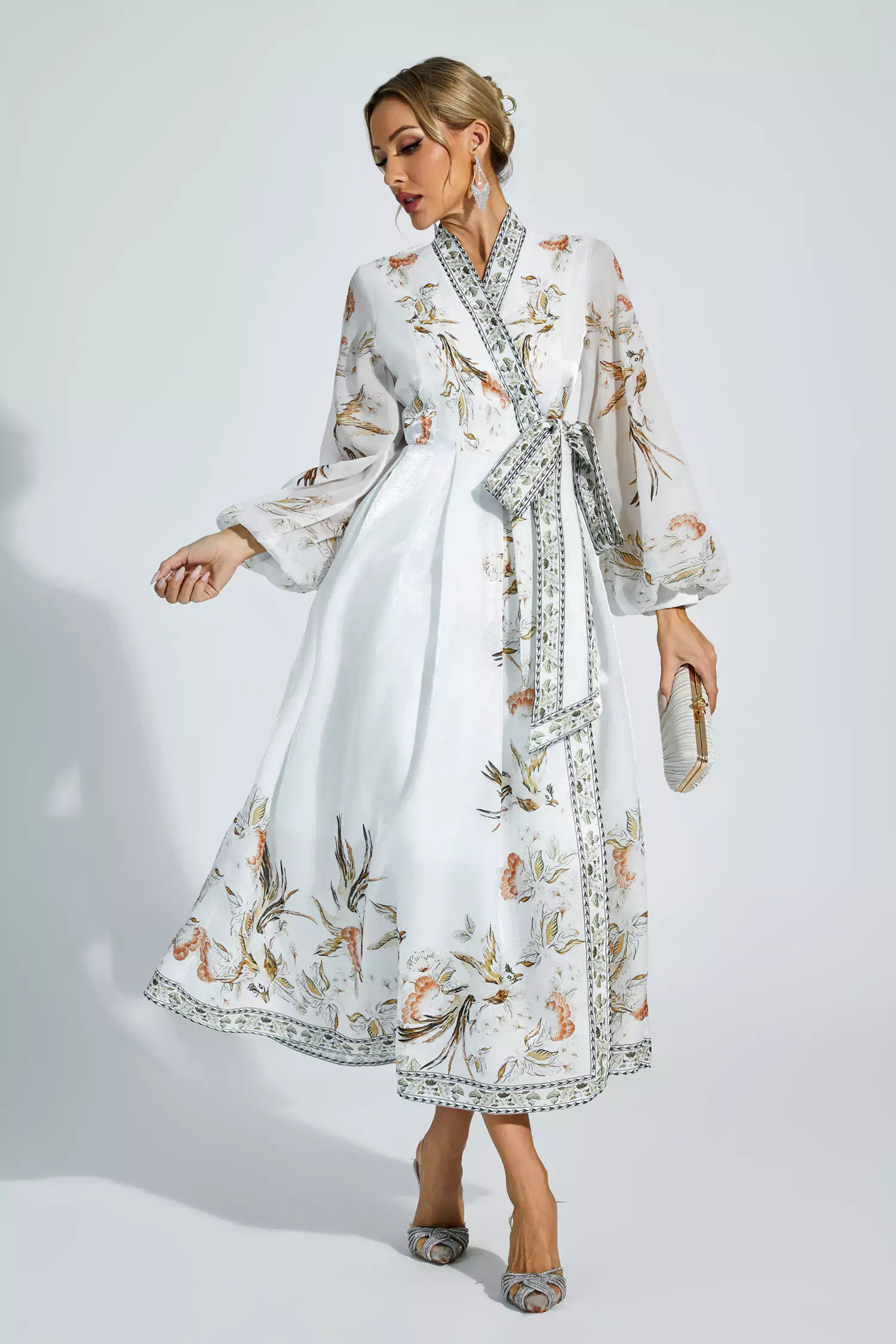 Miley White Floral Belted Long Sleeve Dress-CATCHALL