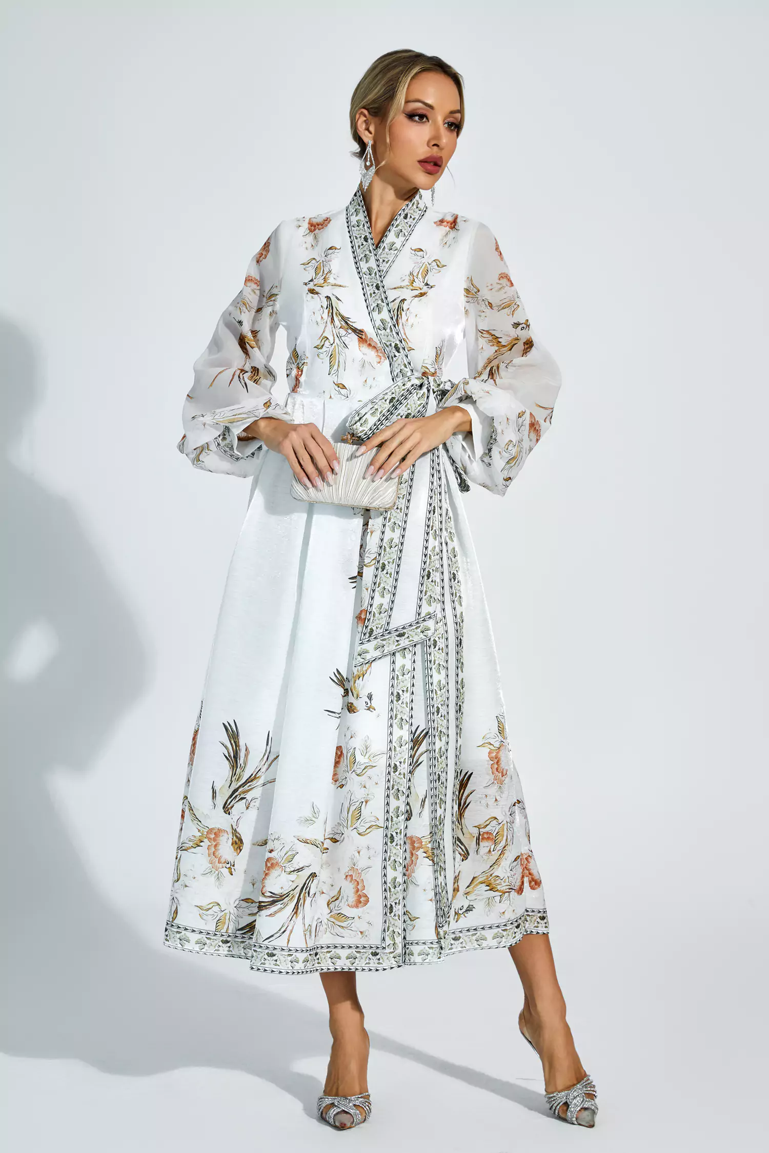 Miley White Floral Belted Long Sleeve Dress-CATCHALL