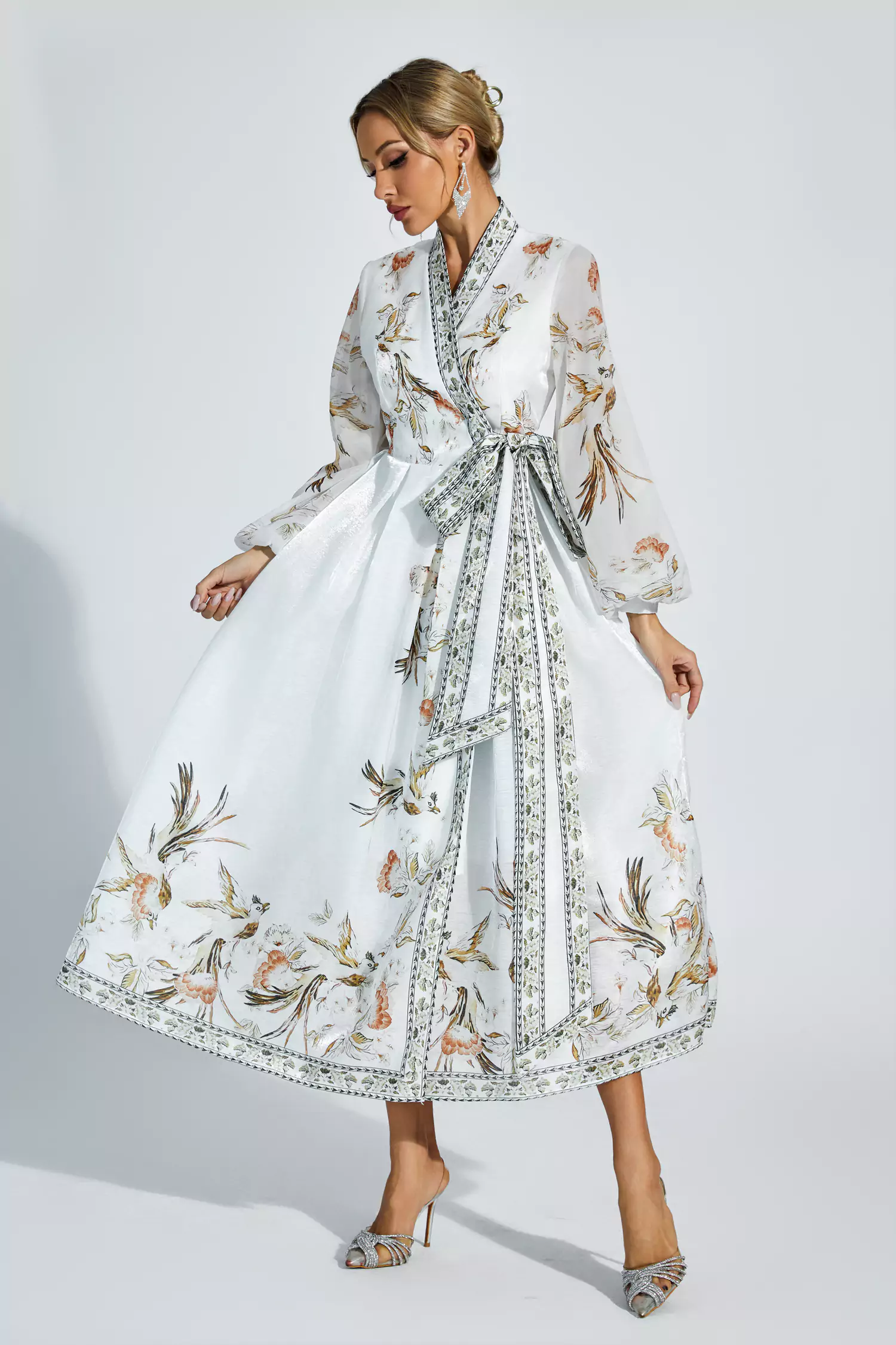 Miley White Floral Belted Long Sleeve Dress