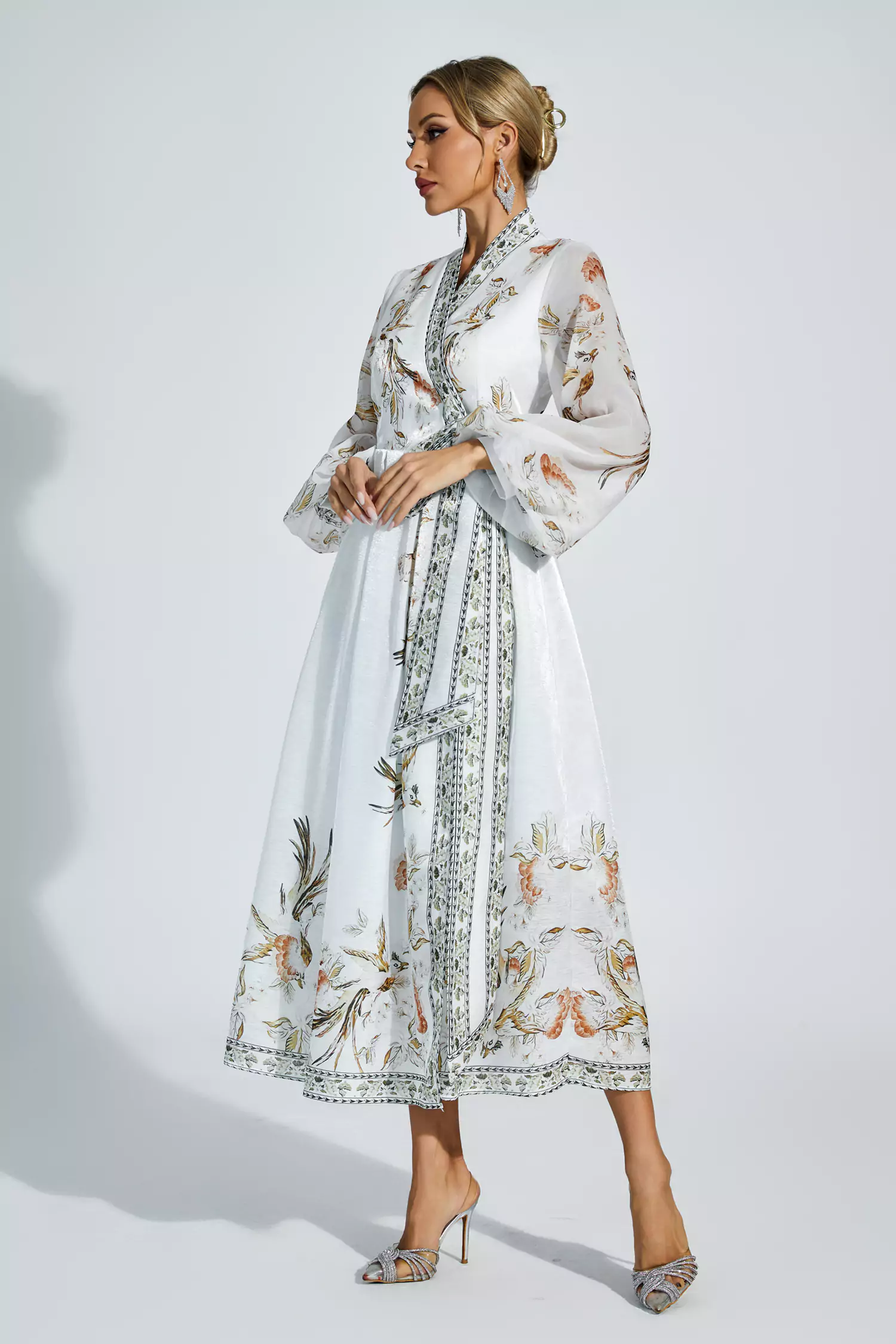 Miley White Floral Belted Long Sleeve Dress-CATCHALL