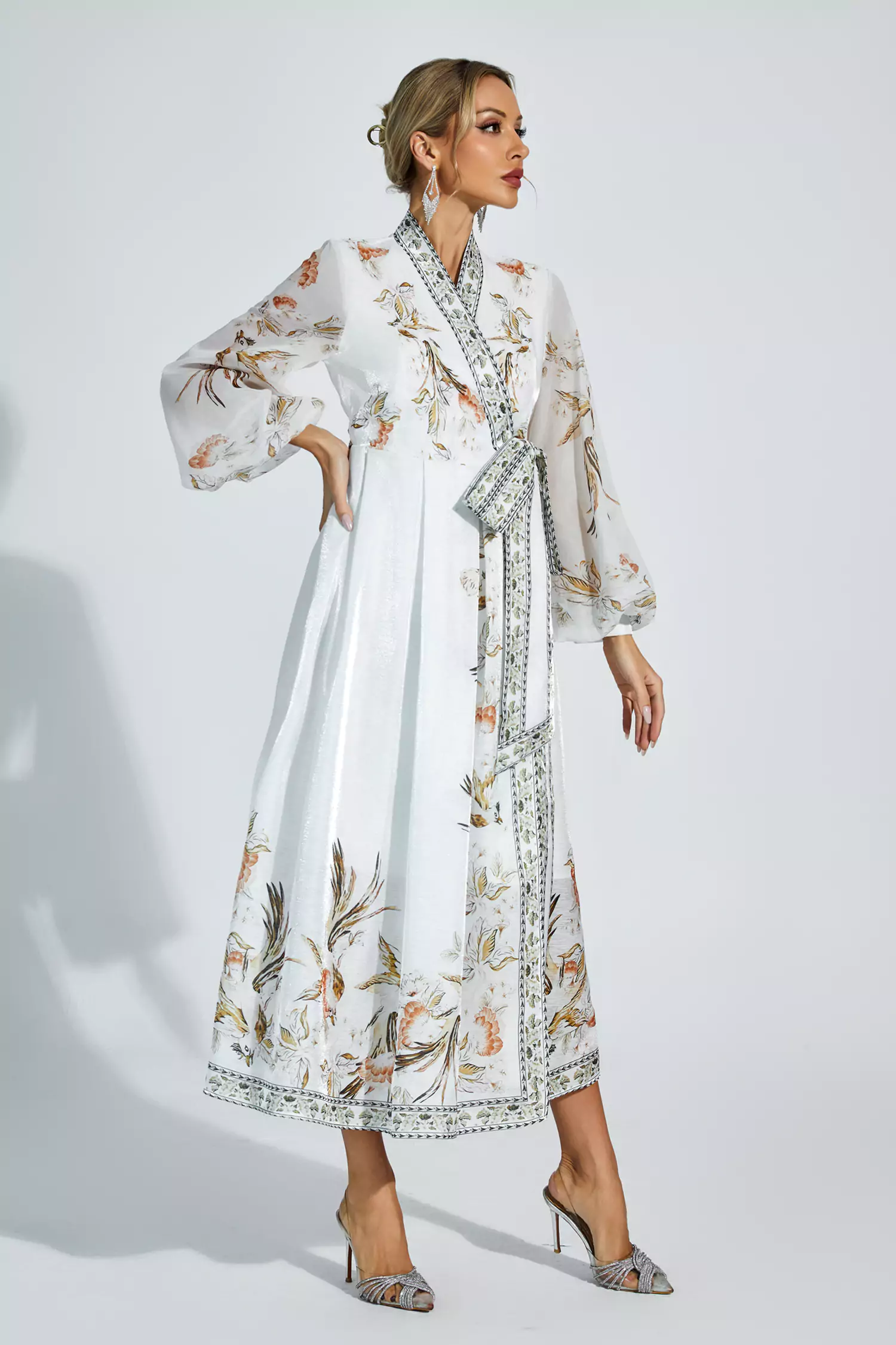 Miley White Floral Belted Long Sleeve Dress-CATCHALL