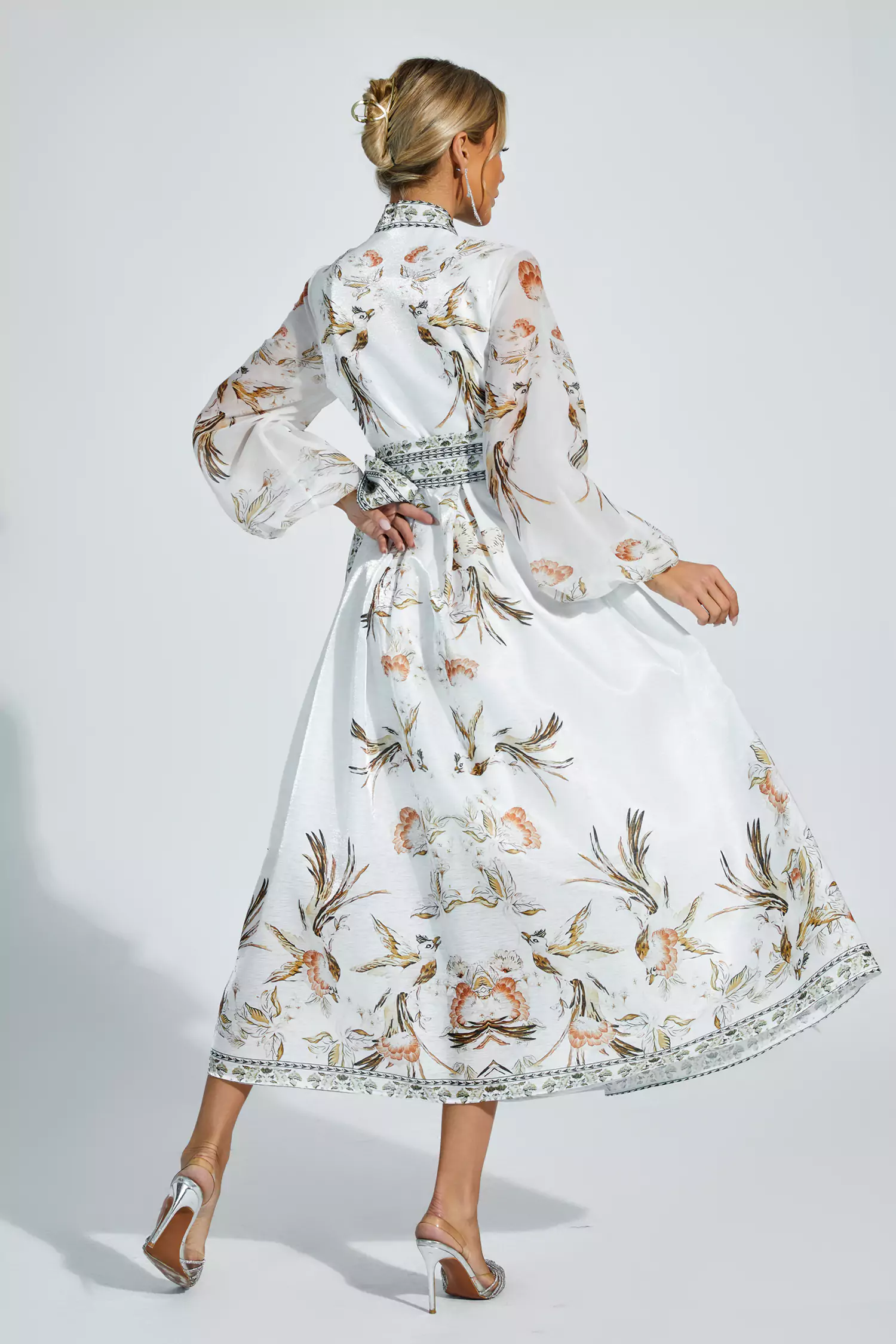 Miley White Floral Belted Long Sleeve Dress-CATCHALL