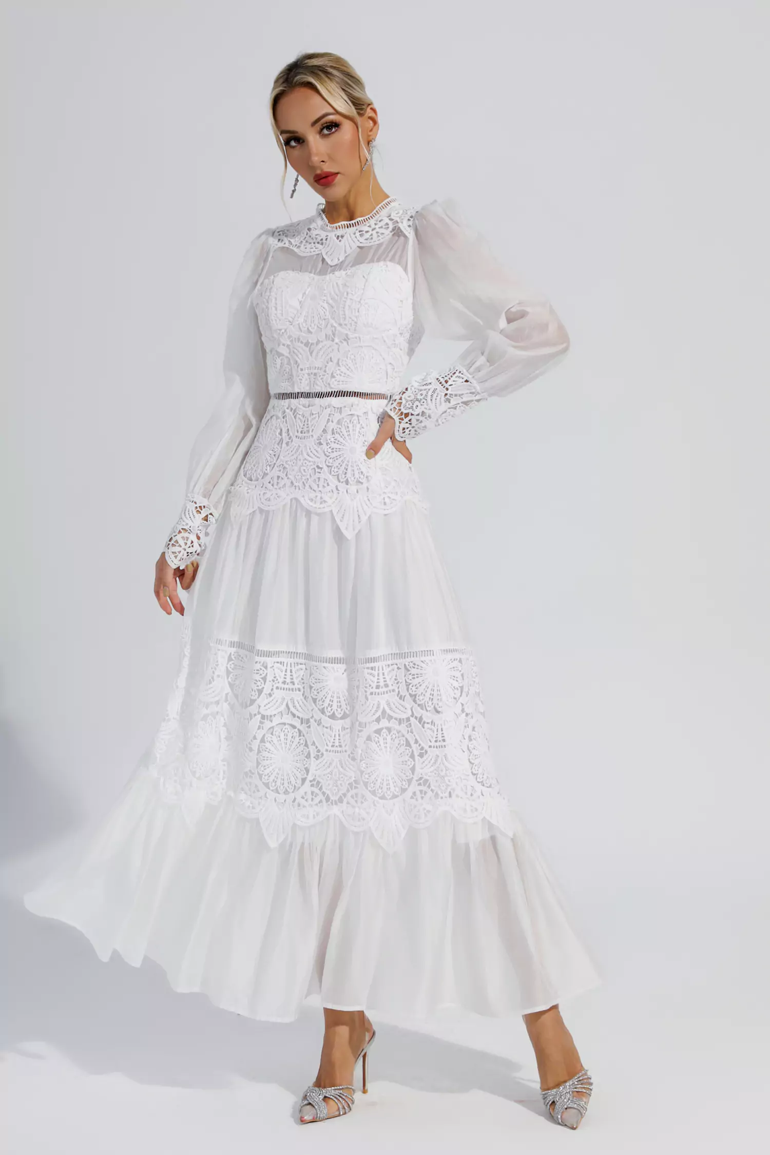 Mina White Lace Cutout Maxi Dress-CATCHALL