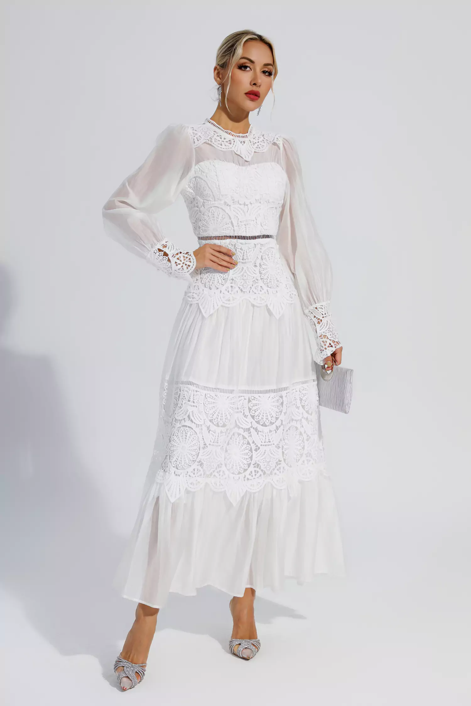 Mina White Lace Cutout Maxi Dress-CATCHALL
