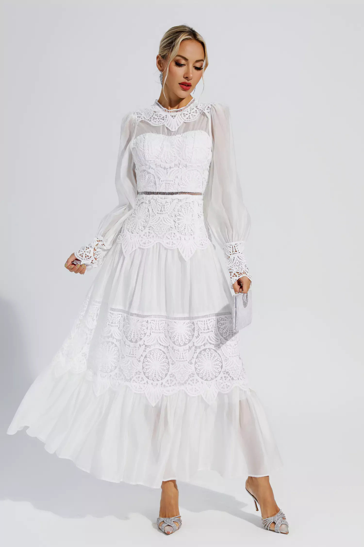 Mina White Lace Cutout Maxi Dress-CATCHALL