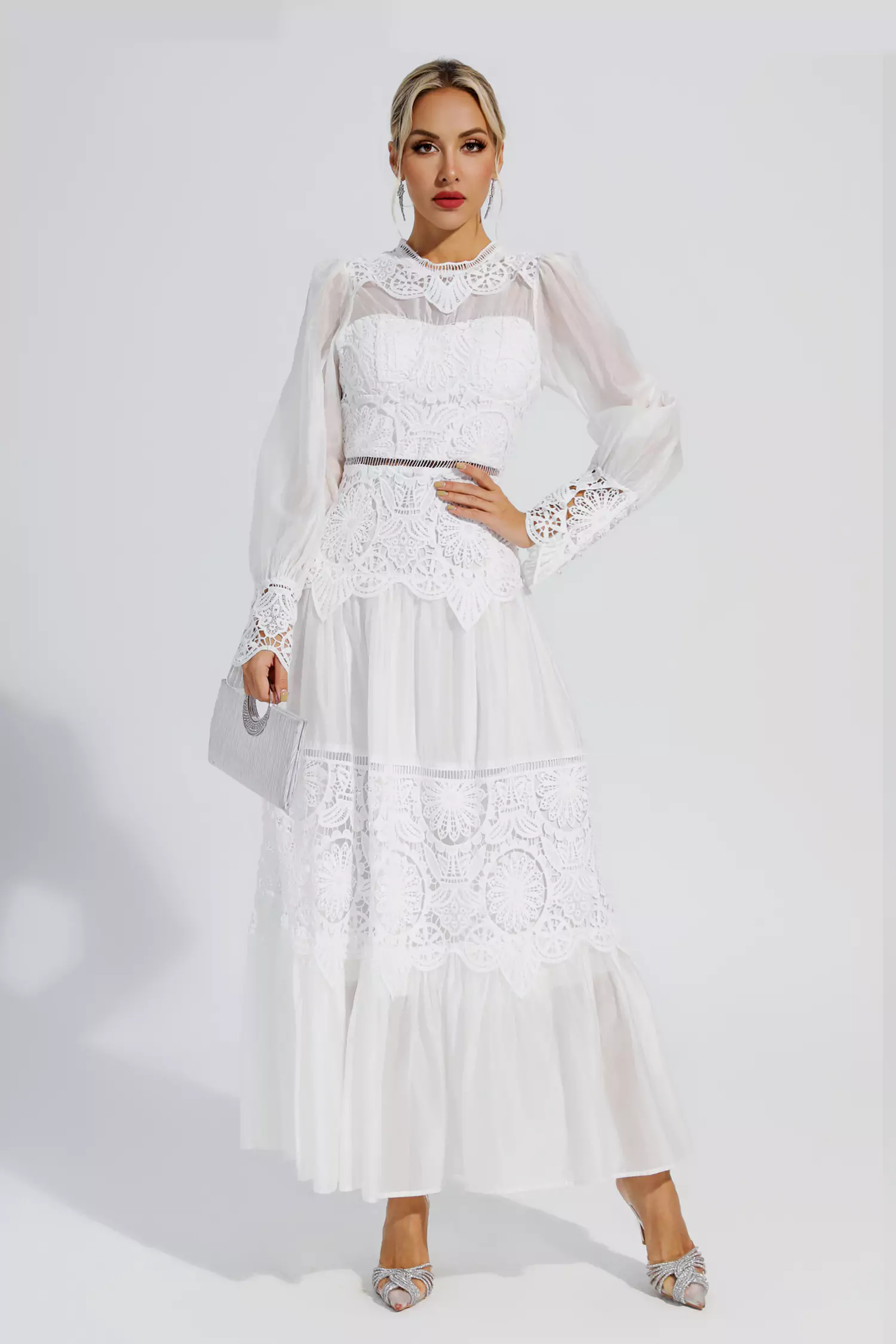 Mina White Lace Cutout Maxi Dress-CATCHALL