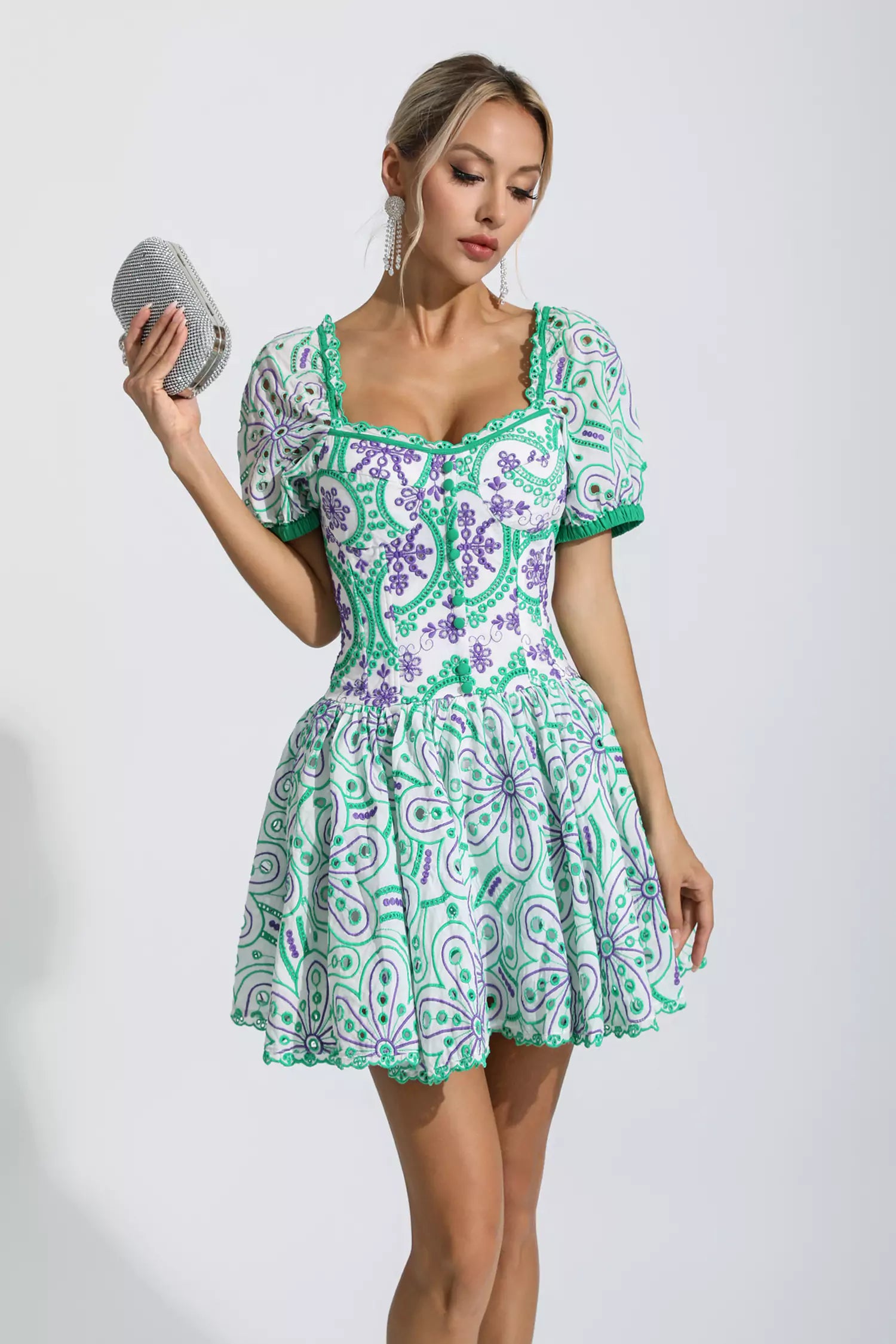 Mira Green Floral Hollow Out Mini Dress