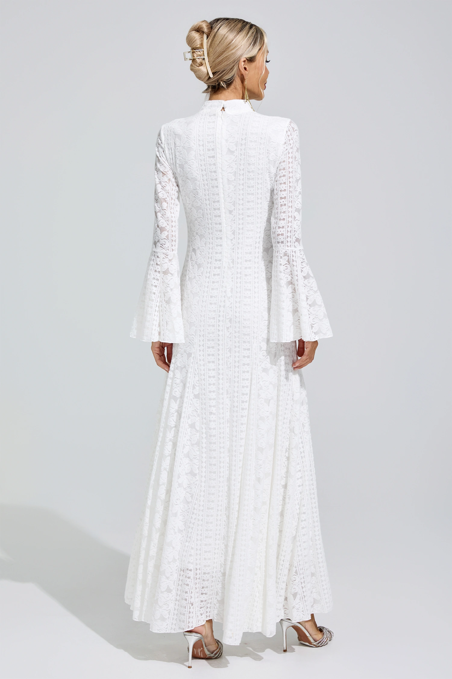 Montalcini White Flared Sleeve Embroidered Dress