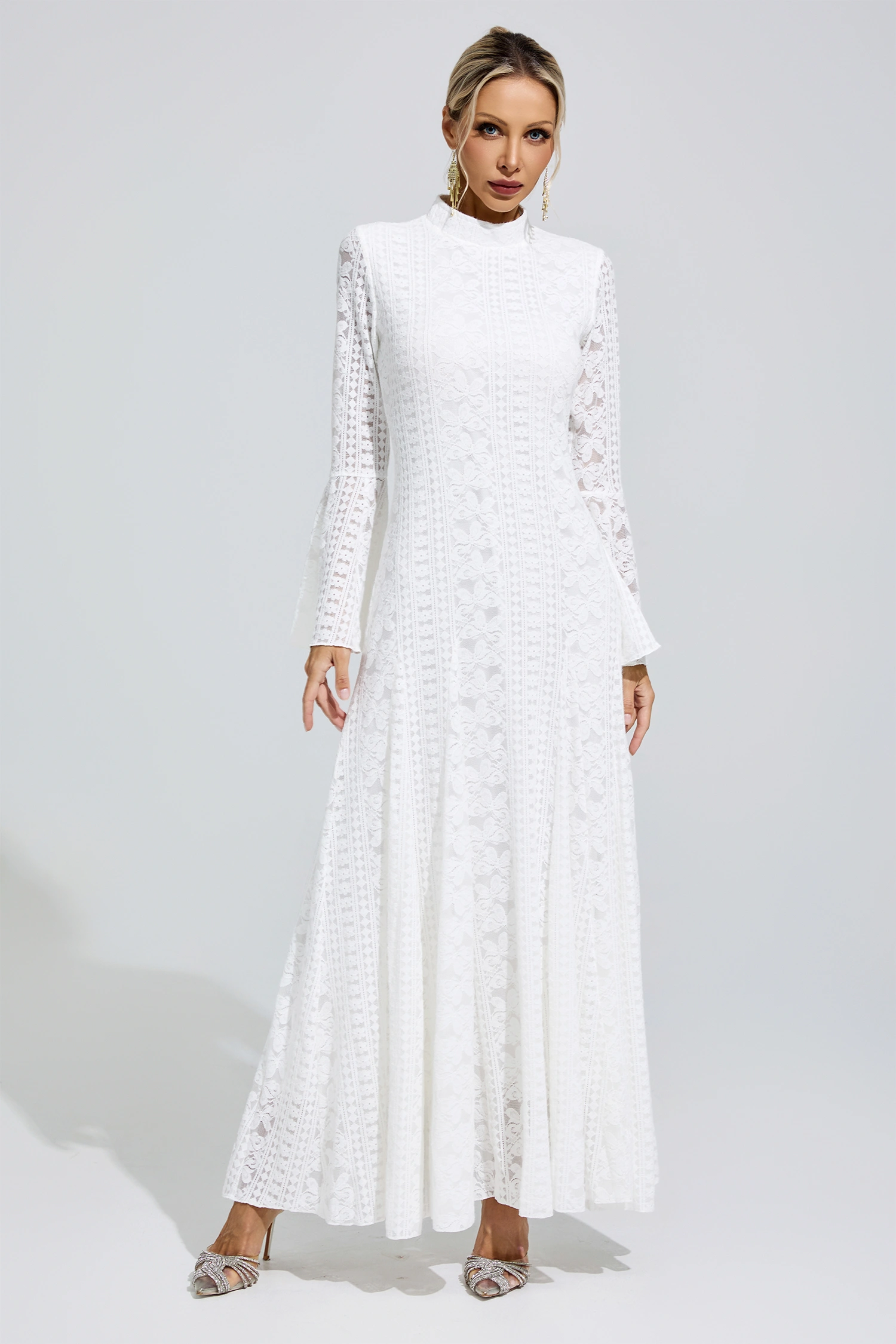 Montalcini White Flared Sleeve Embroidered Dress